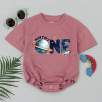 Custom Space-Themed 1st Birthday Romper for Boys, Soft Cotton Short Sleeve Outfit with Planet & Rocket Design, Perfect Milestone Gift