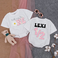 Personalized Baby Girl 1/2 Birthday Romper with Daisy Design, Custom Name Outfit, Soft Pink Cotton Bodysuit for Milestone Photos & Celebrations
