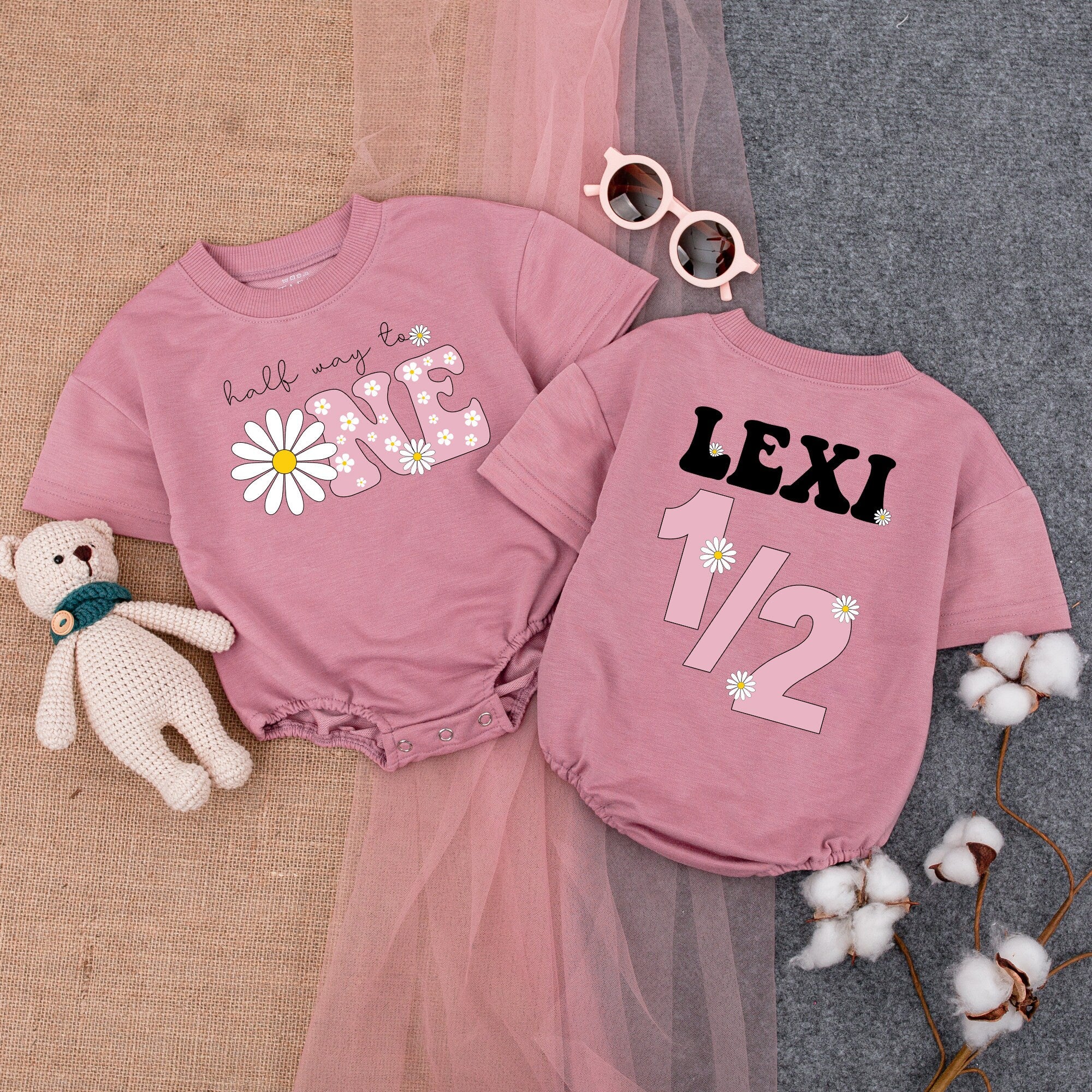 Personalized Baby Girls 1/2 Birthday Romper Pink Daisy Design Toddler Boho Outfit Celebrate Halfway Milestone Soft Cotton Custom Name Gift