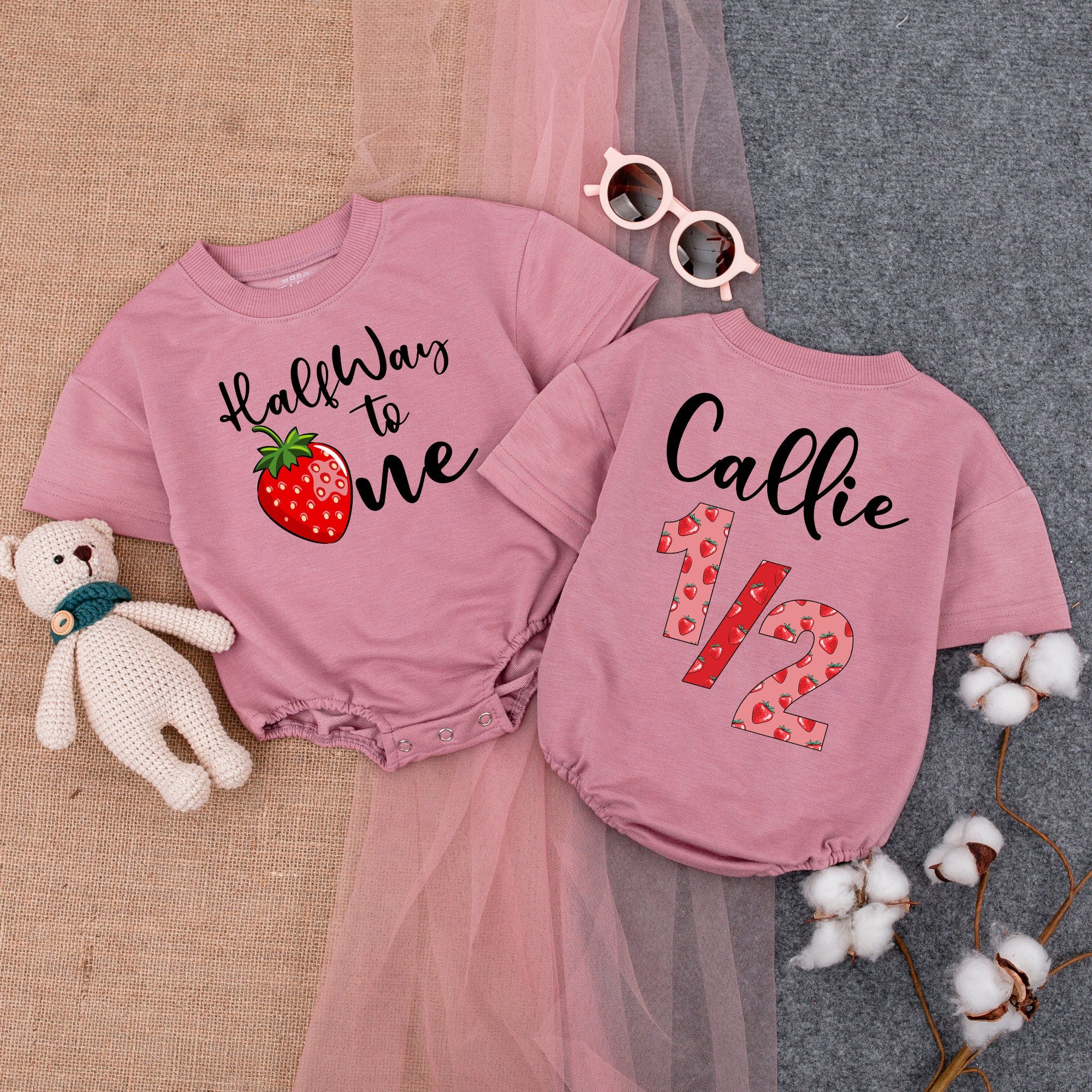 Personalized Strawberry Halfway to One Birthday Romper