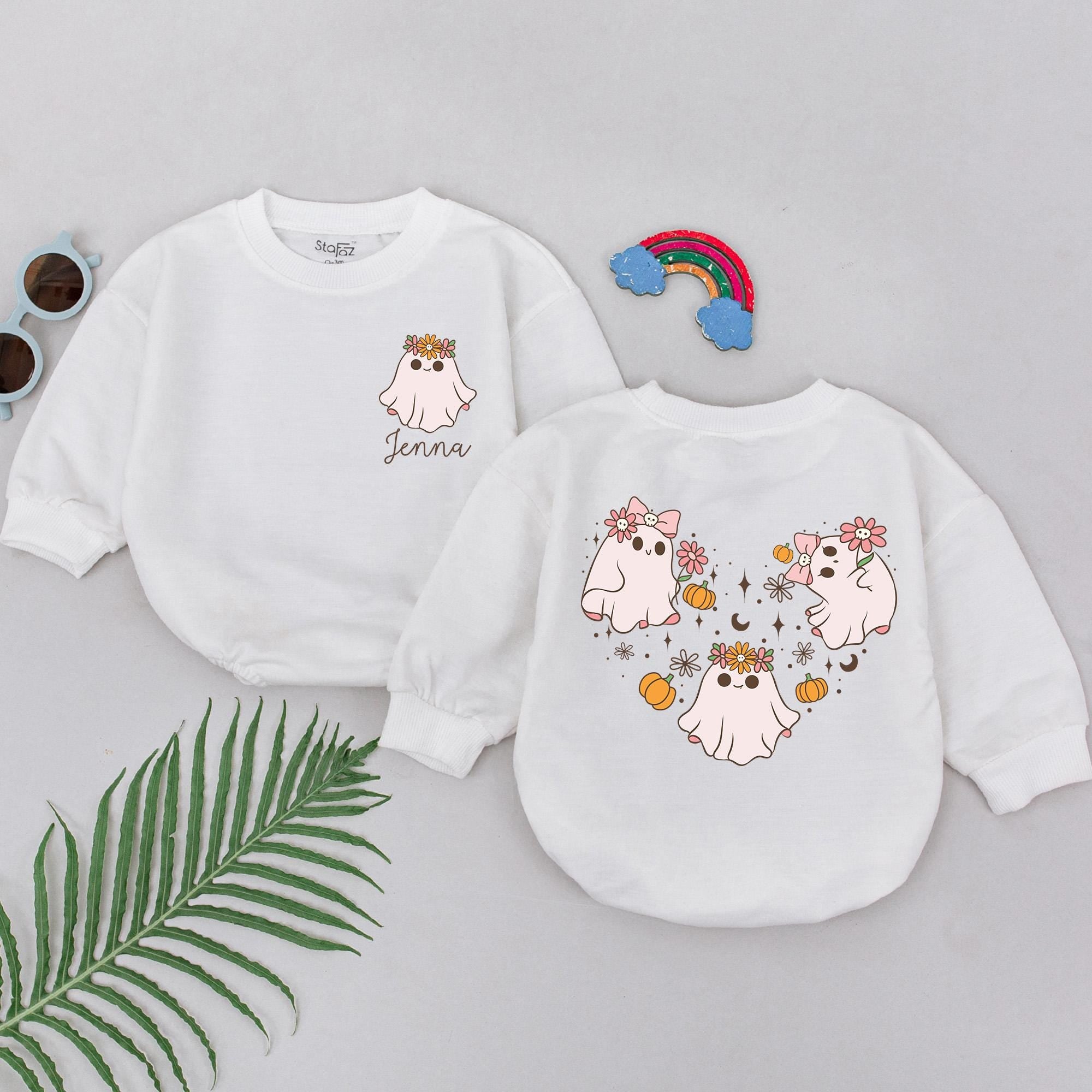 Personalized Baby Girl Ghost Romper with Floral Crowns First Halloween Outfit Cute Pumpkin Design Soft Cotton Infant Gift