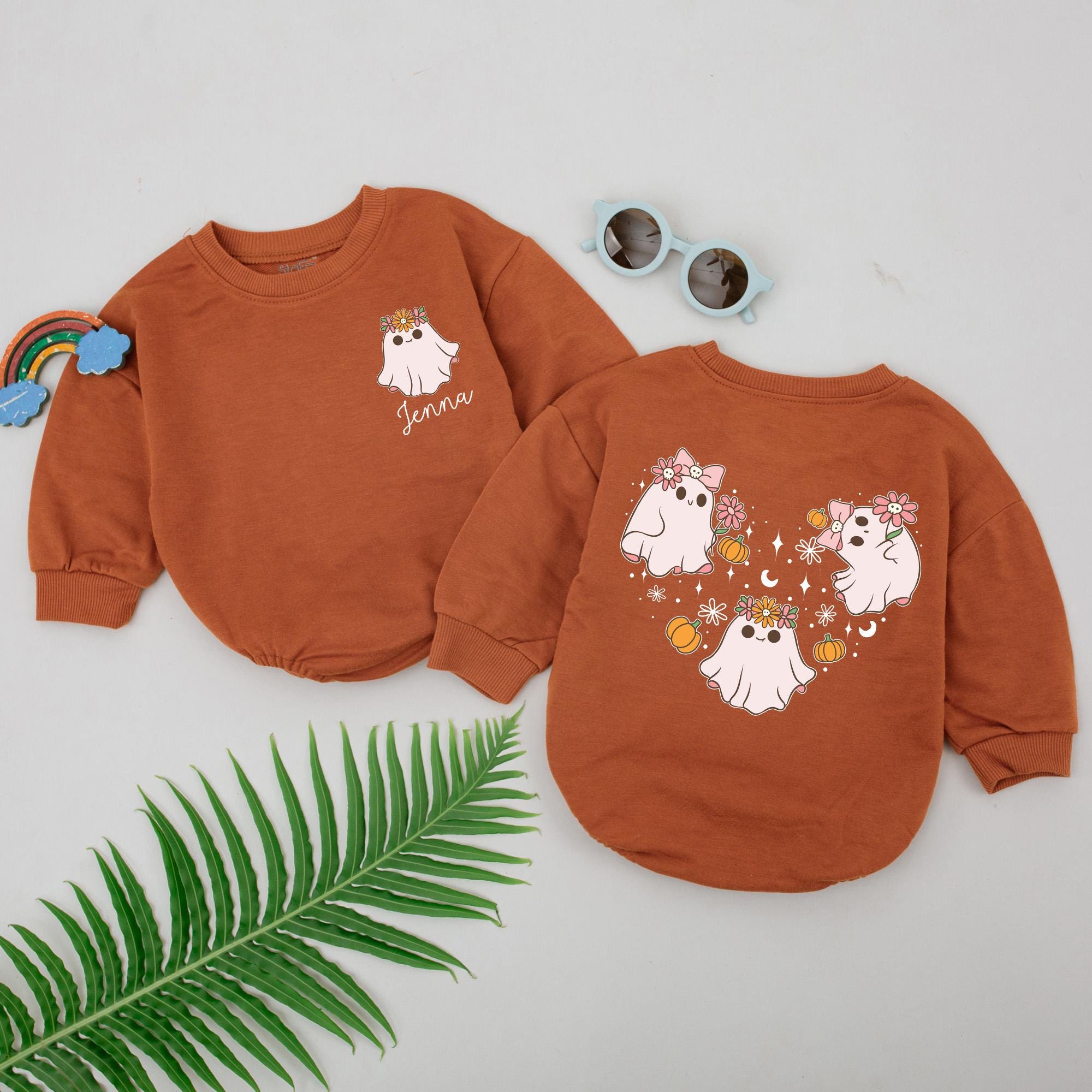 Personalized Baby Girl Ghost Romper with Floral Crowns First Halloween Outfit Cute Pumpkin Design Soft Cotton Infant Gift