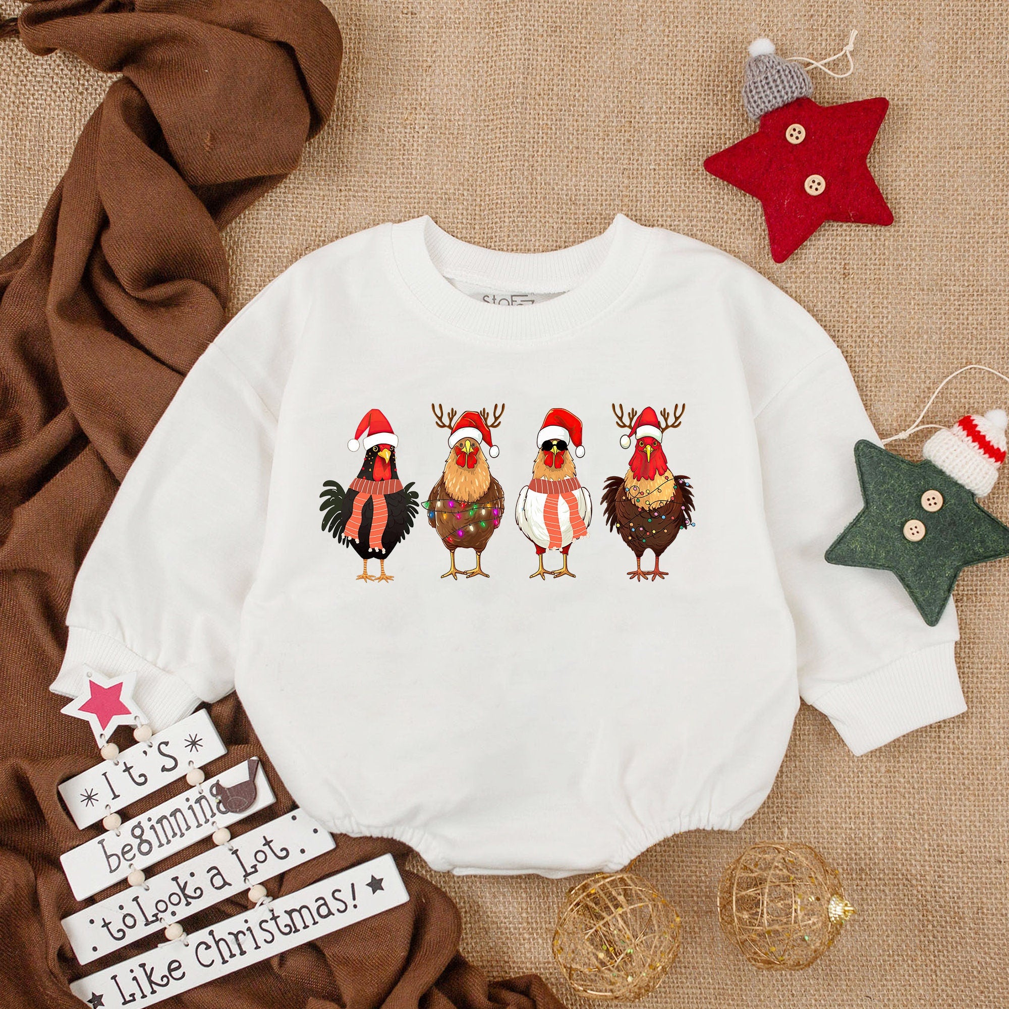 Whimsical Holiday Chickens Baby Romper My First Christmas Outfit Long Sleeve Bodysuit Soft Cotton Festive Baby Gift for Holiday Fun