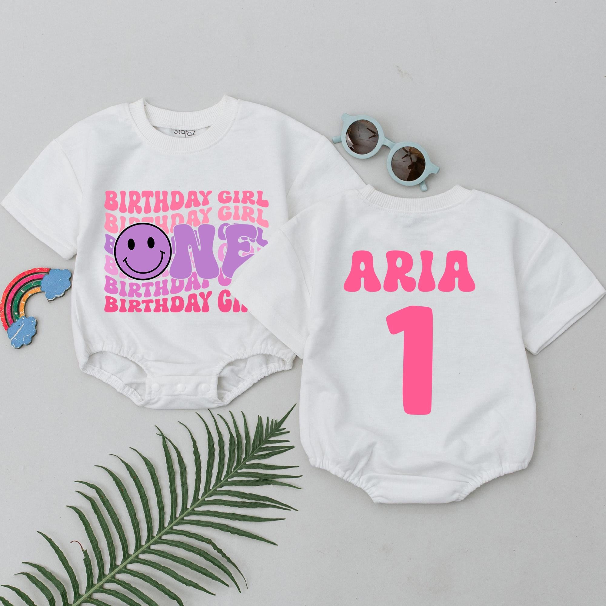 Personalized Birthday Girl Romper with Smiley Face Fun Pink Purple Outfit for Baby's First Birthday Celebration, Comfortable Party Wear