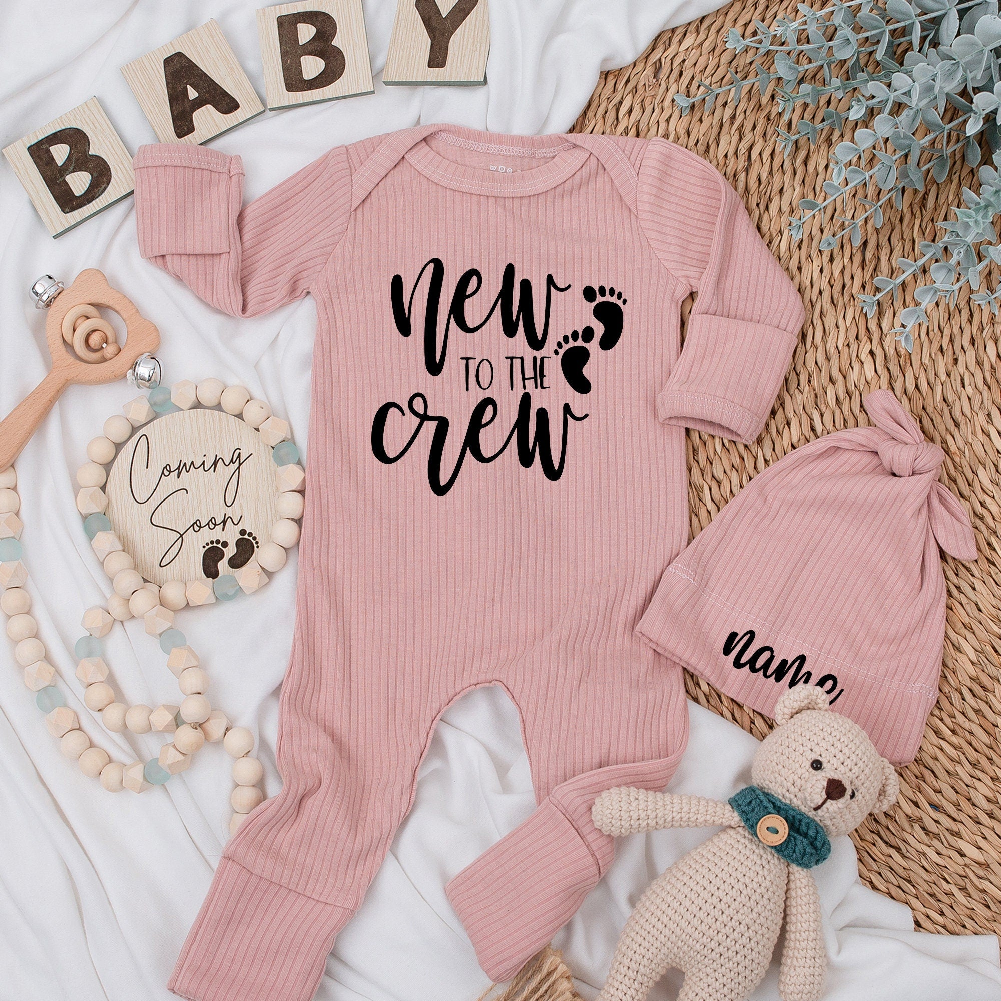 Personalized New to the Crew Baby Bodysuit Set Cute Minimalist Design Gift for Baby Shower Soft Cotton Infant Outfit with Black Footprints