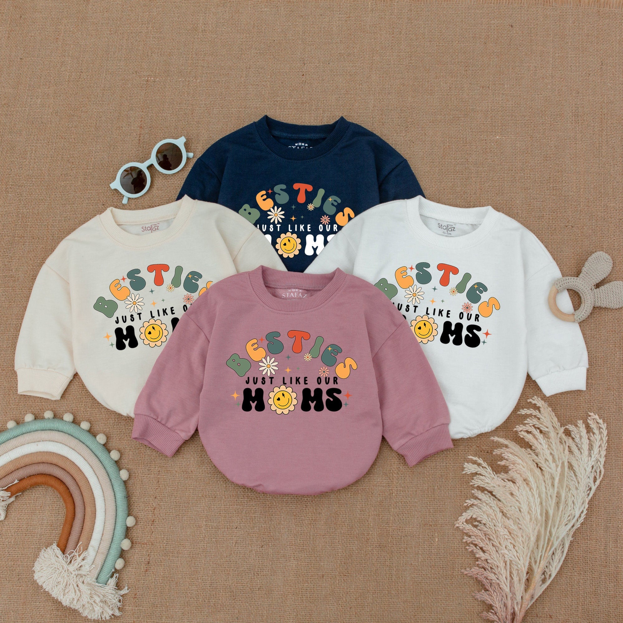 Besties Just Like Our Moms Baby Romper Playful Orange Yellow Blue Outfit Soft Cotton Infant Clothing Fun Graphics Birthday Gift