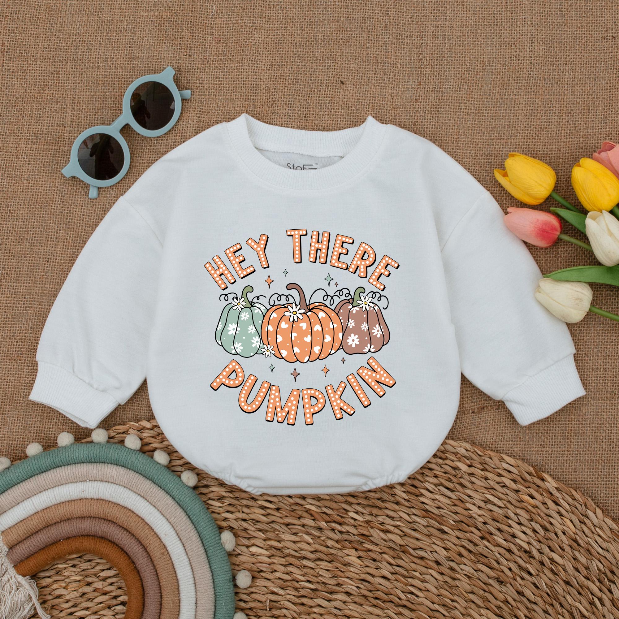 Hey There Pumpkin Baby Romper Retro Fall Outfit Infant Thanksgiving Clothes Soft Cotton Teal Orange Brown Pumpkins Whimsical Design