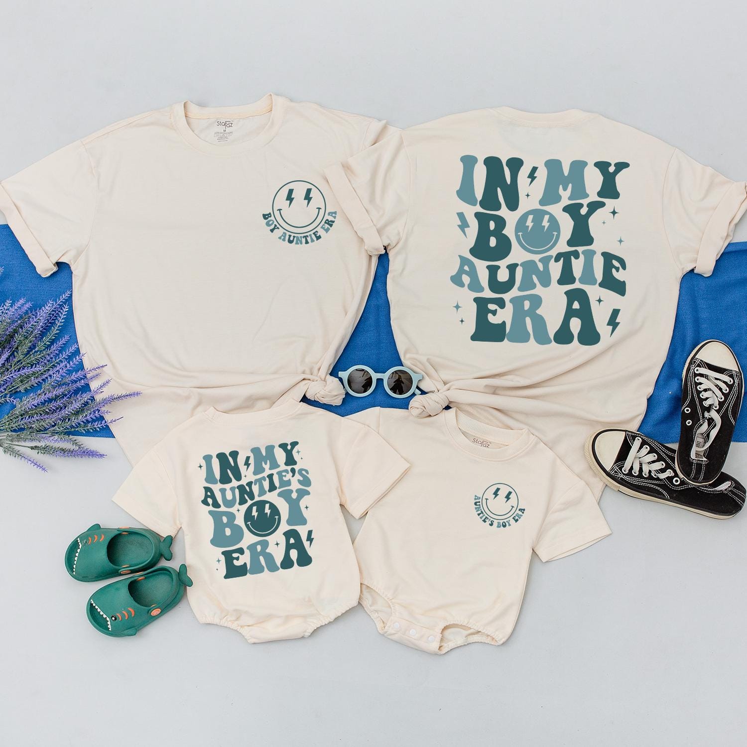 In My Boy Auntie Era Retro Teal Shirt Custom Family Gift Matching Aunt Nephew Birthday Fun Graphic Tee Lightning Star Design