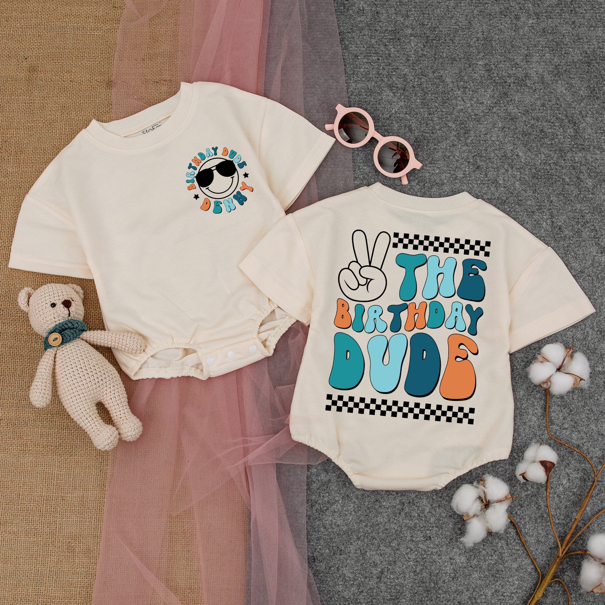 Personalized Birthday Dude Romper with Smiley Sunglasses Baby Boy First Birthday Outfit Vibrant Colors Peace Sign Fun Playful Design