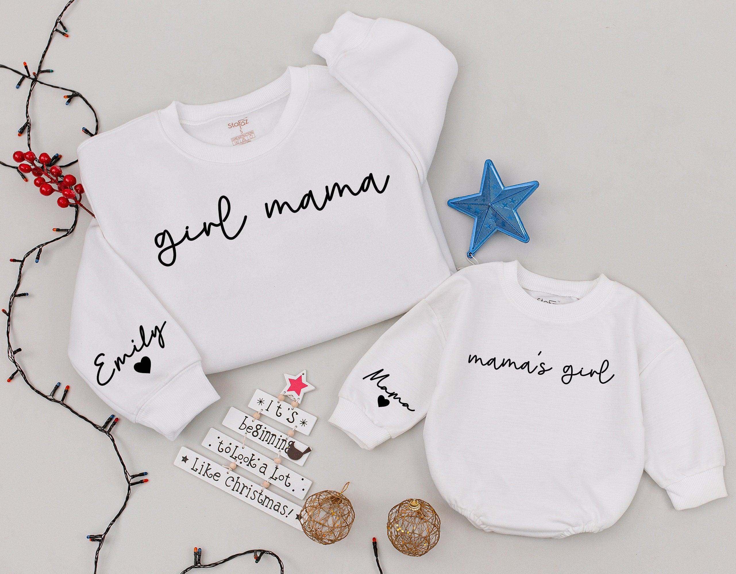 Custom Girl Mama and Mama's Girl Sweatshirts with Name Heart Design Personalized Matching Family Outfit Cozy Cotton Christmas Gift