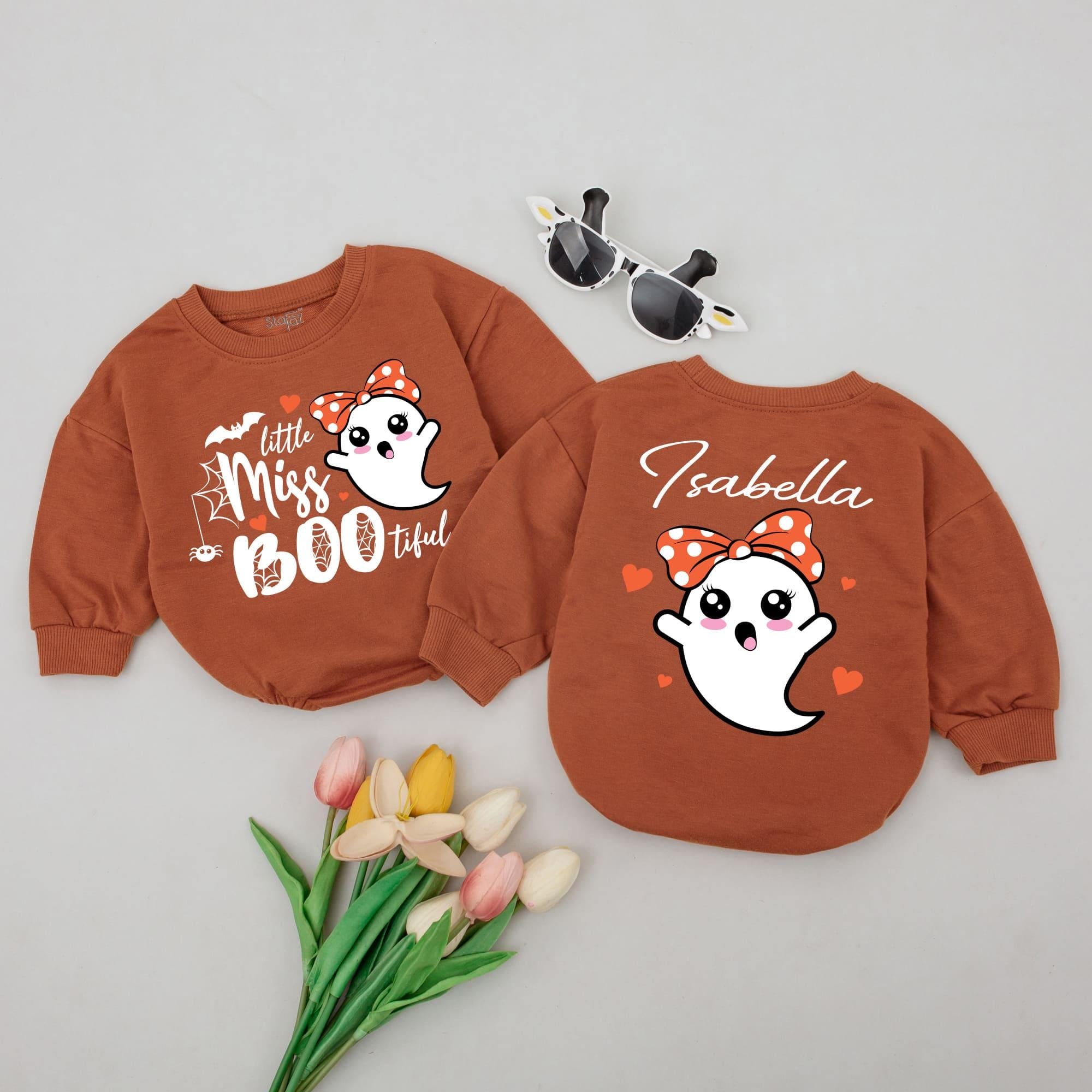 Personalized Little Miss BOO-tiful Baby Romper Cute Ghost Halloween Outfit Soft Cotton Infant Girl Bodysuit with Name Isabella Holiday Gift