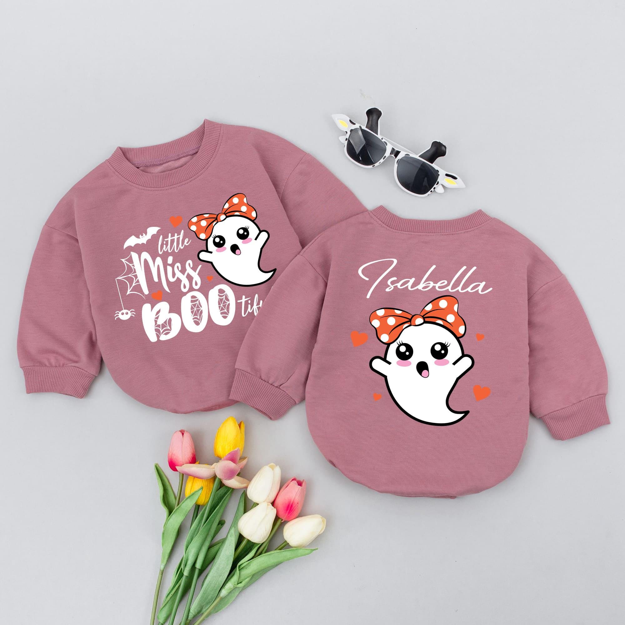 Personalized Little Miss BOO-tiful Baby Romper Cute Ghost Halloween Outfit Soft Cotton Infant Girl Bodysuit with Name Isabella Holiday Gift