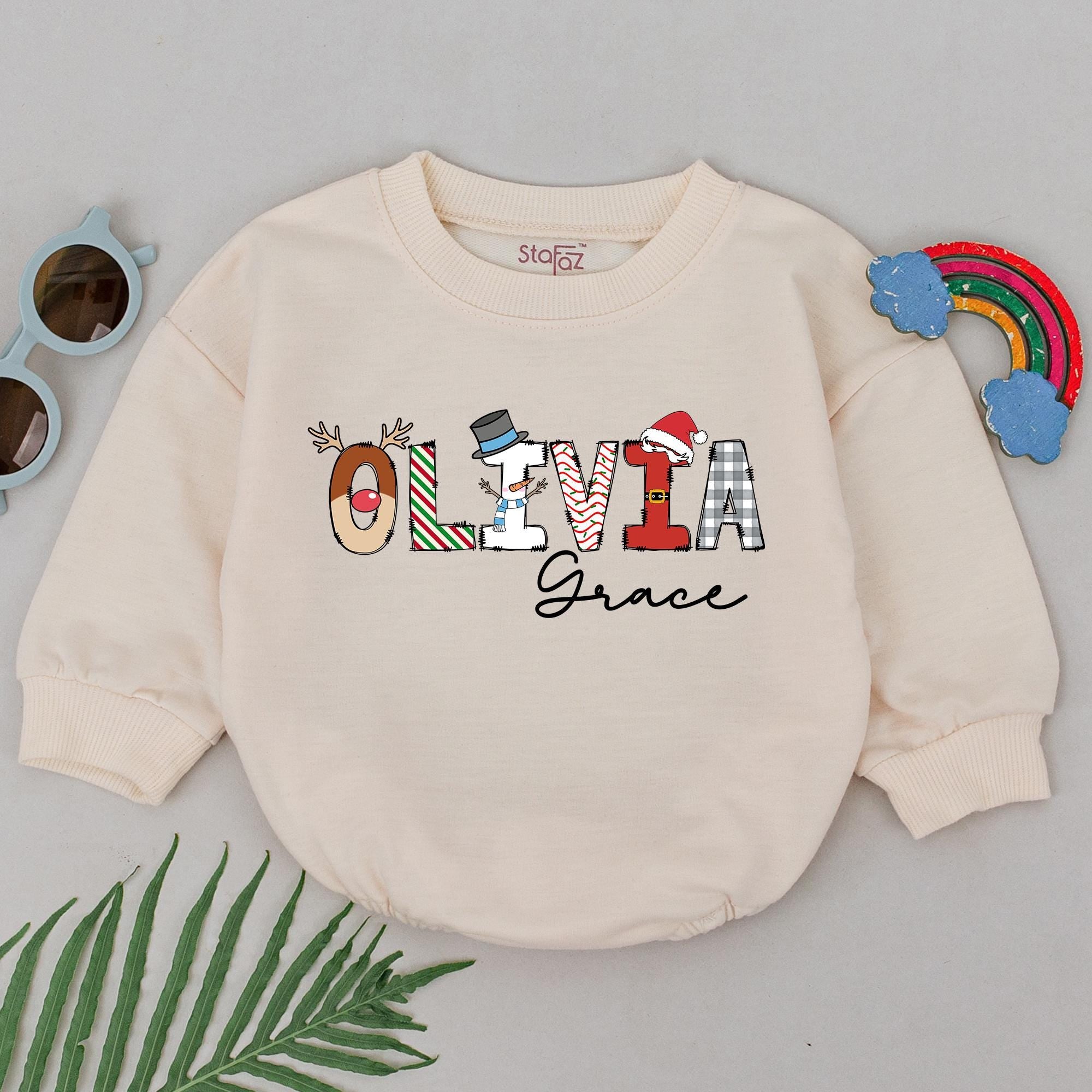 Personalized Olivia Grace Christmas Romper Festive Baby Outfit Soft Cotton 1st Xmas Gift for Girls Boys Holiday Newborn Shower Present