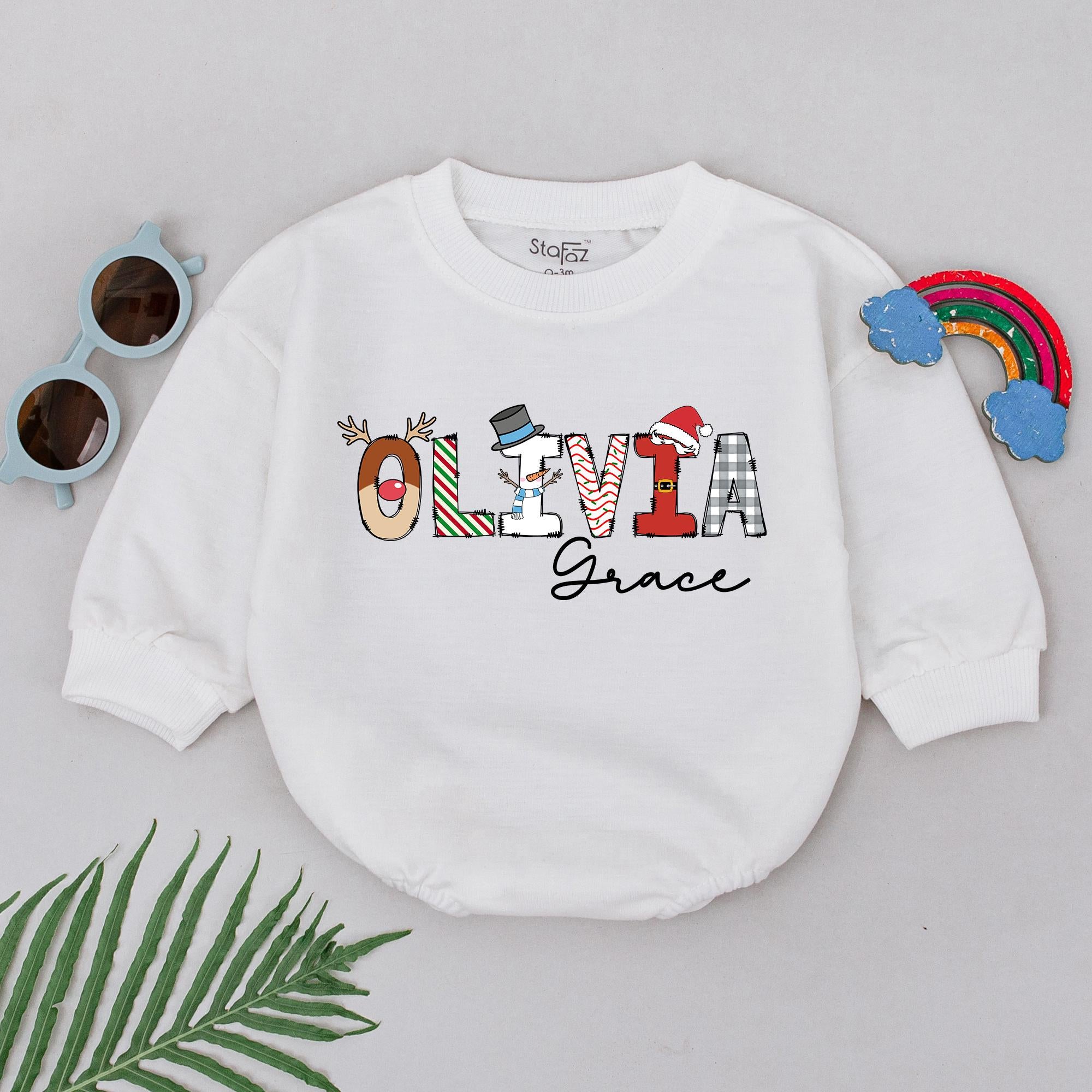 Personalized Olivia Grace Christmas Romper Festive Baby Outfit Soft Cotton 1st Xmas Gift for Girls Boys Holiday Newborn Shower Present