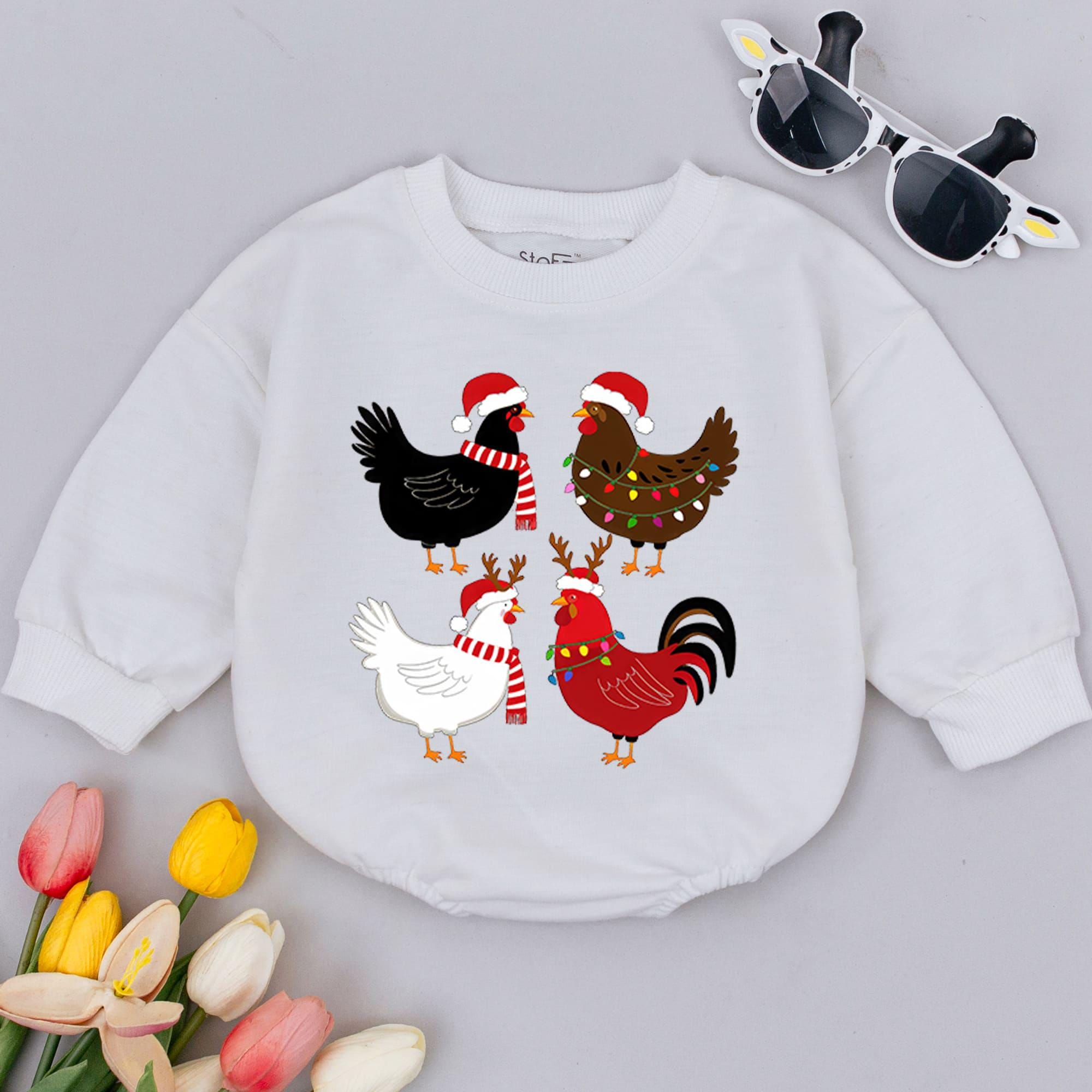 Festive Chicken Baby Romper with Holiday Antlers Lights and Santa Hat Christmas Outfit First Baby Shower Gift Soft Cotton