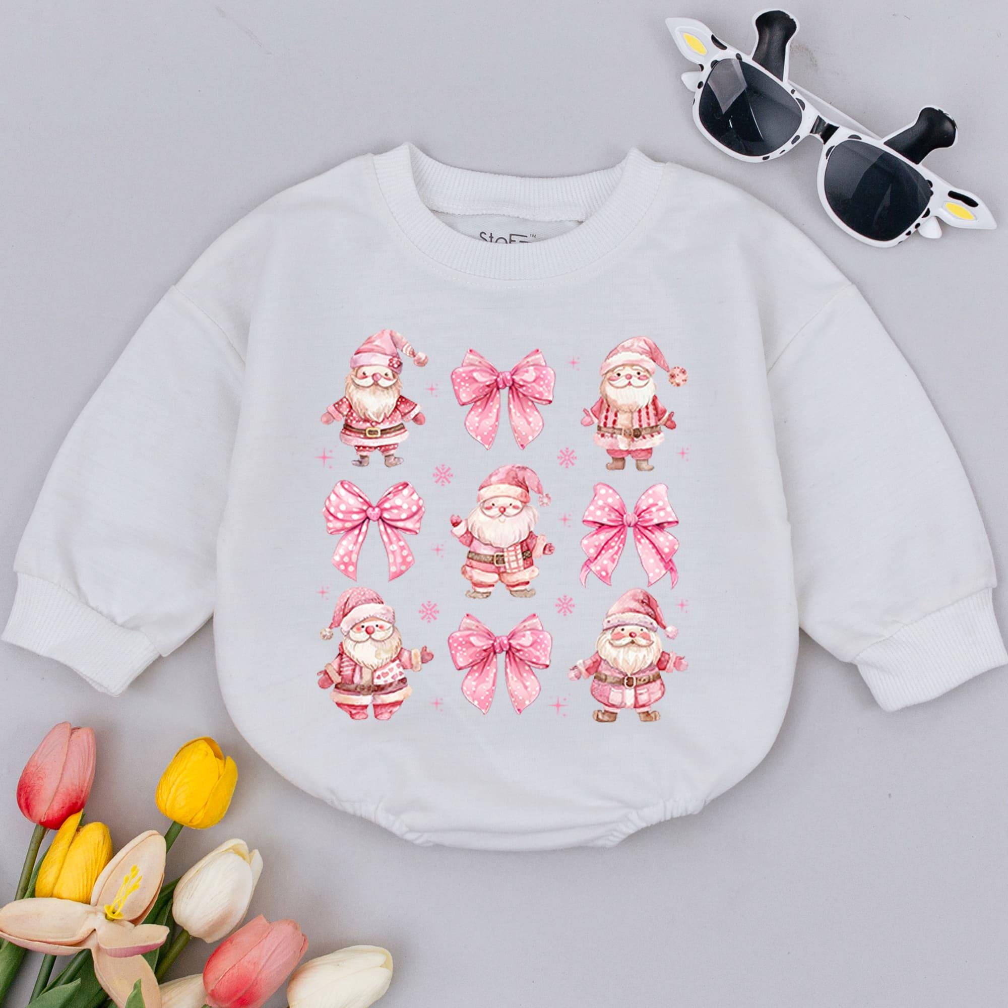 Charming Retro Santa Baby Romper Pink Bows Holiday Outfit for Girls First Christmas Cute Infant Cotton Soft Festive Snowflake Pattern