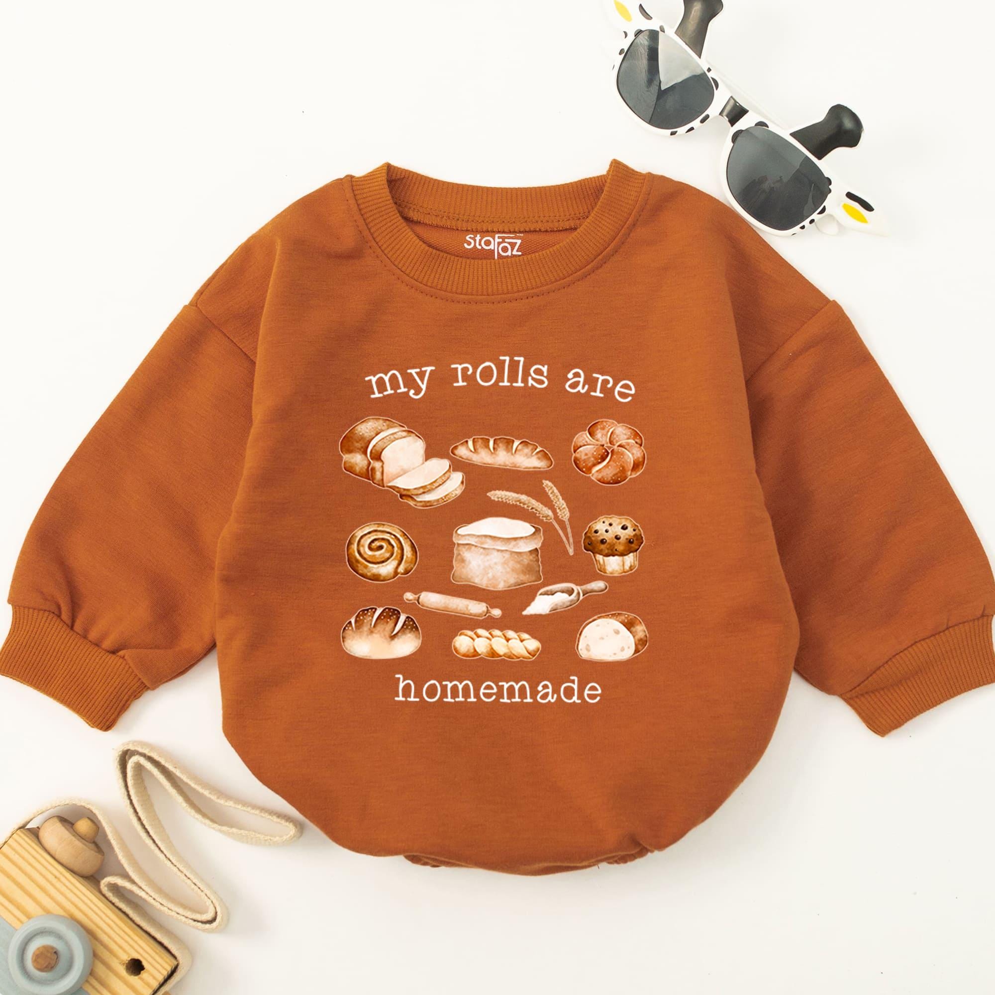 My Rolls Are Homemade Baby Romper Bread Print Thanksgiving Infant Bodysuit Cozy Baking Outfit Warm Earthy Tones Retro Design Gift