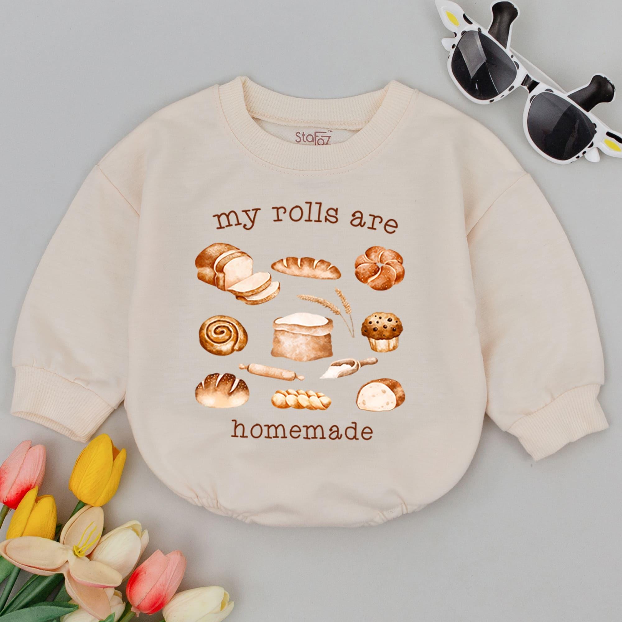 My Rolls Are Homemade Baby Romper Bread Print Thanksgiving Infant Bodysuit Cozy Baking Outfit Warm Earthy Tones Retro Design Gift