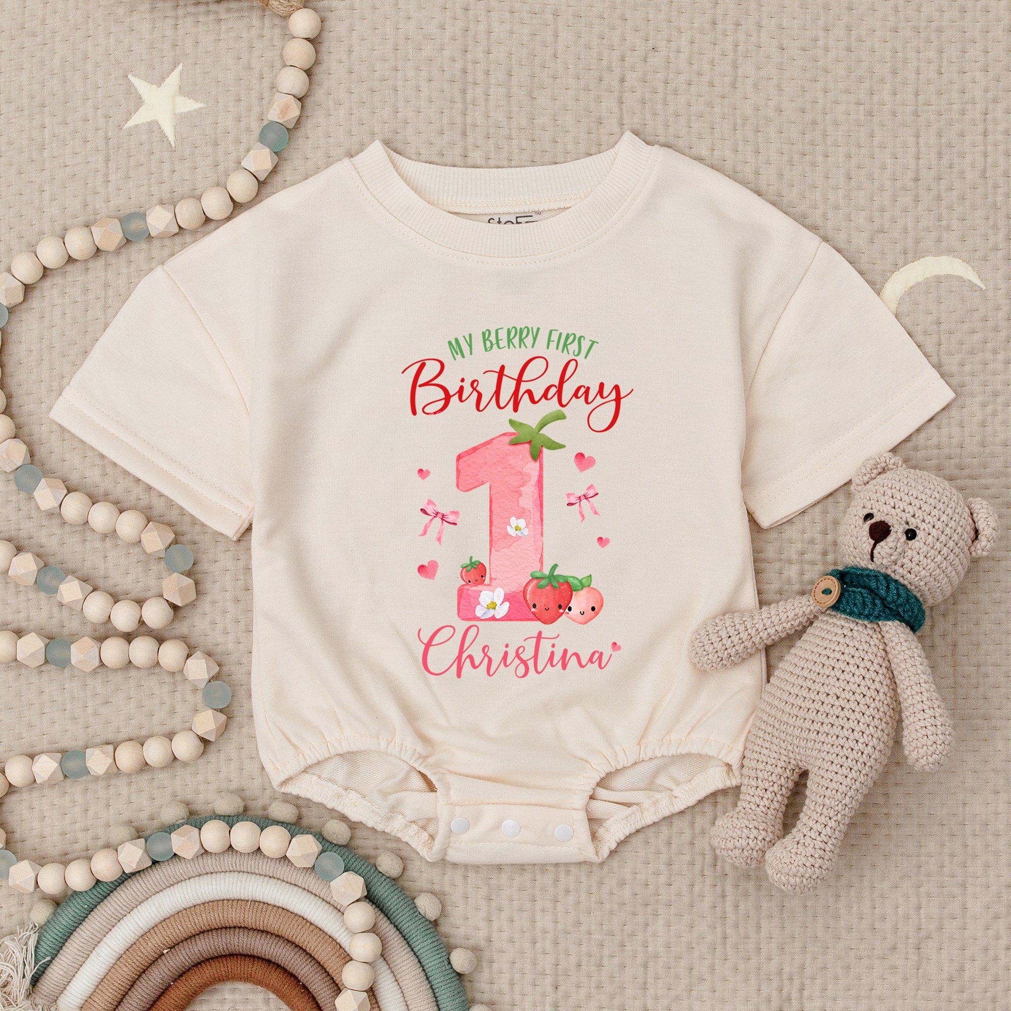 Personalized Berry First Birthday Romper for Baby Girl 1st Celebration Outfit with Pink Strawberry Floral Design Custom Name