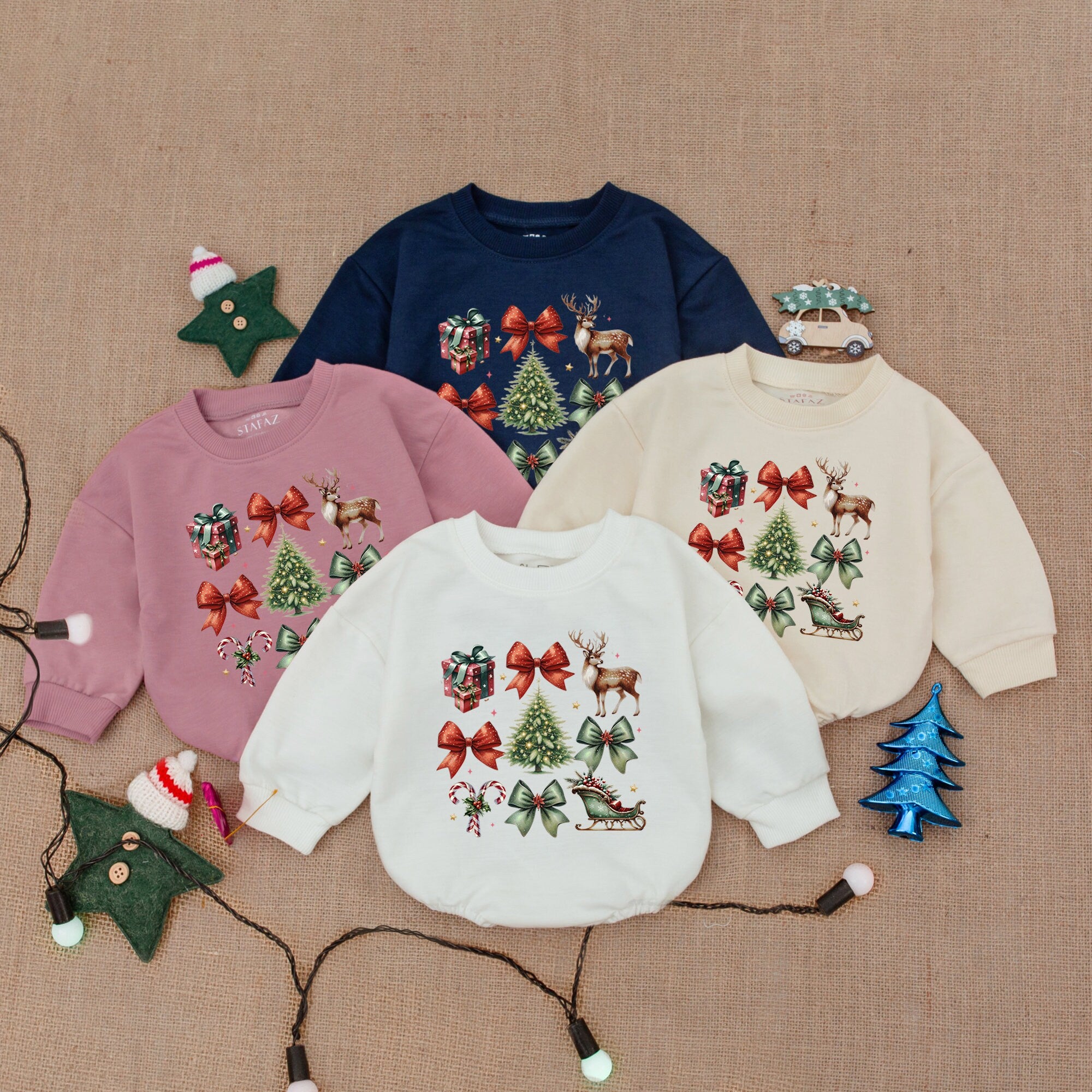 Festive Christmas Bodysuit with Reindeer and Trees Baby Holiday Outfit Soft Cotton Romper Gift Box Design Infant Comfortable Clothes