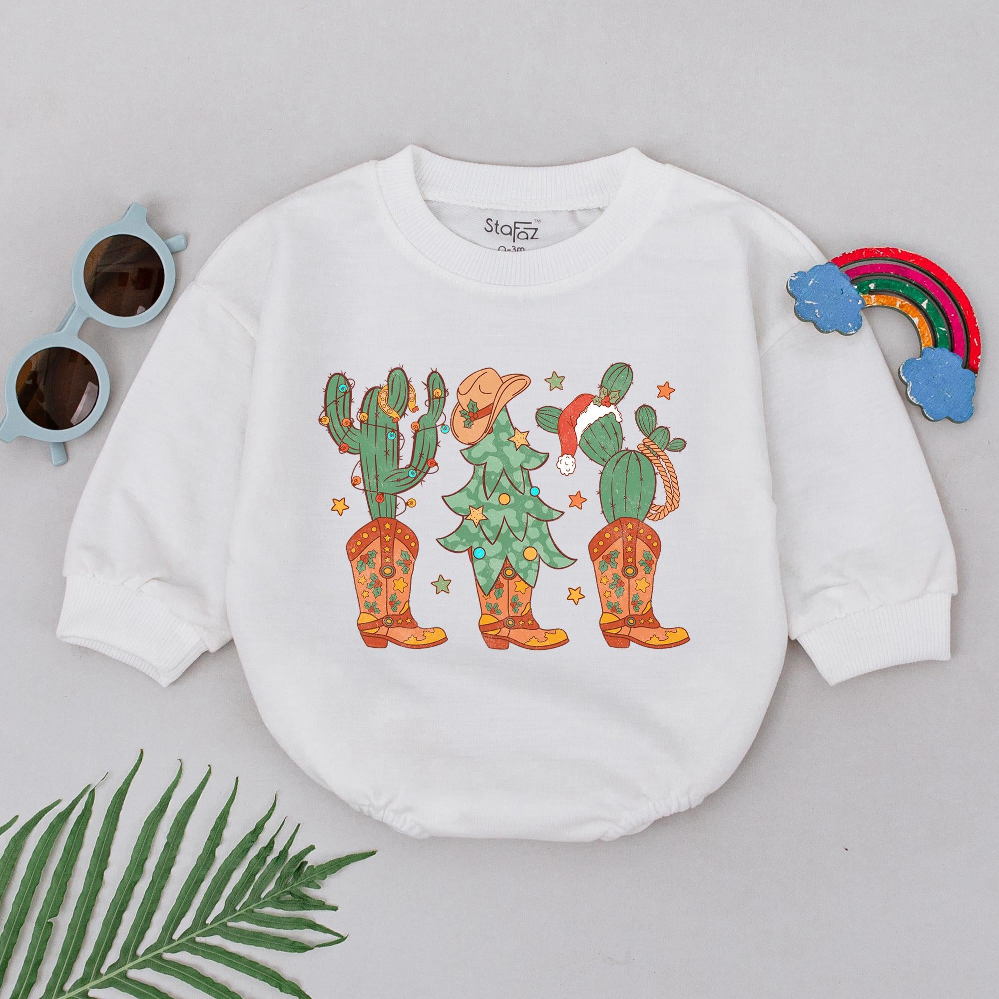 Whimsical Cactus Christmas Romper Soft Cotton Baby Outfit Holiday Western Style for Girls First Xmas Cowboy Cowgirl Newborn Gift
