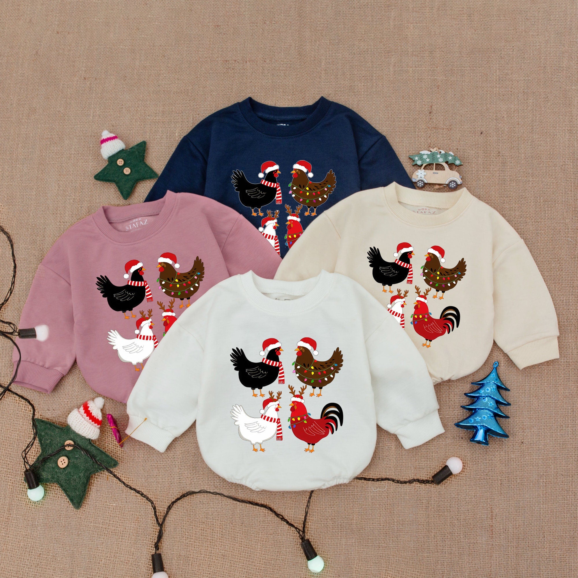 Festive Chicken Trio Baby Romper with Santa Hats Christmas Bodysuit Holiday Outfit Soft Cotton Gift for Infant Boys and Girls