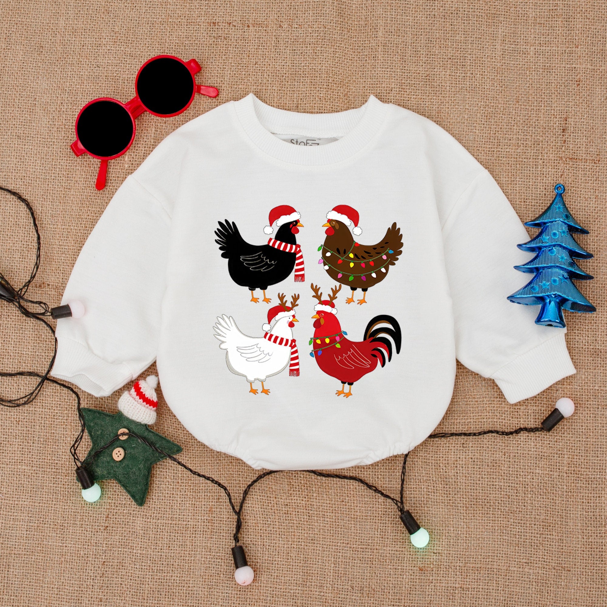 Festive Chicken Trio Baby Romper with Santa Hats Christmas Bodysuit Holiday Outfit Soft Cotton Gift for Infant Boys and Girls