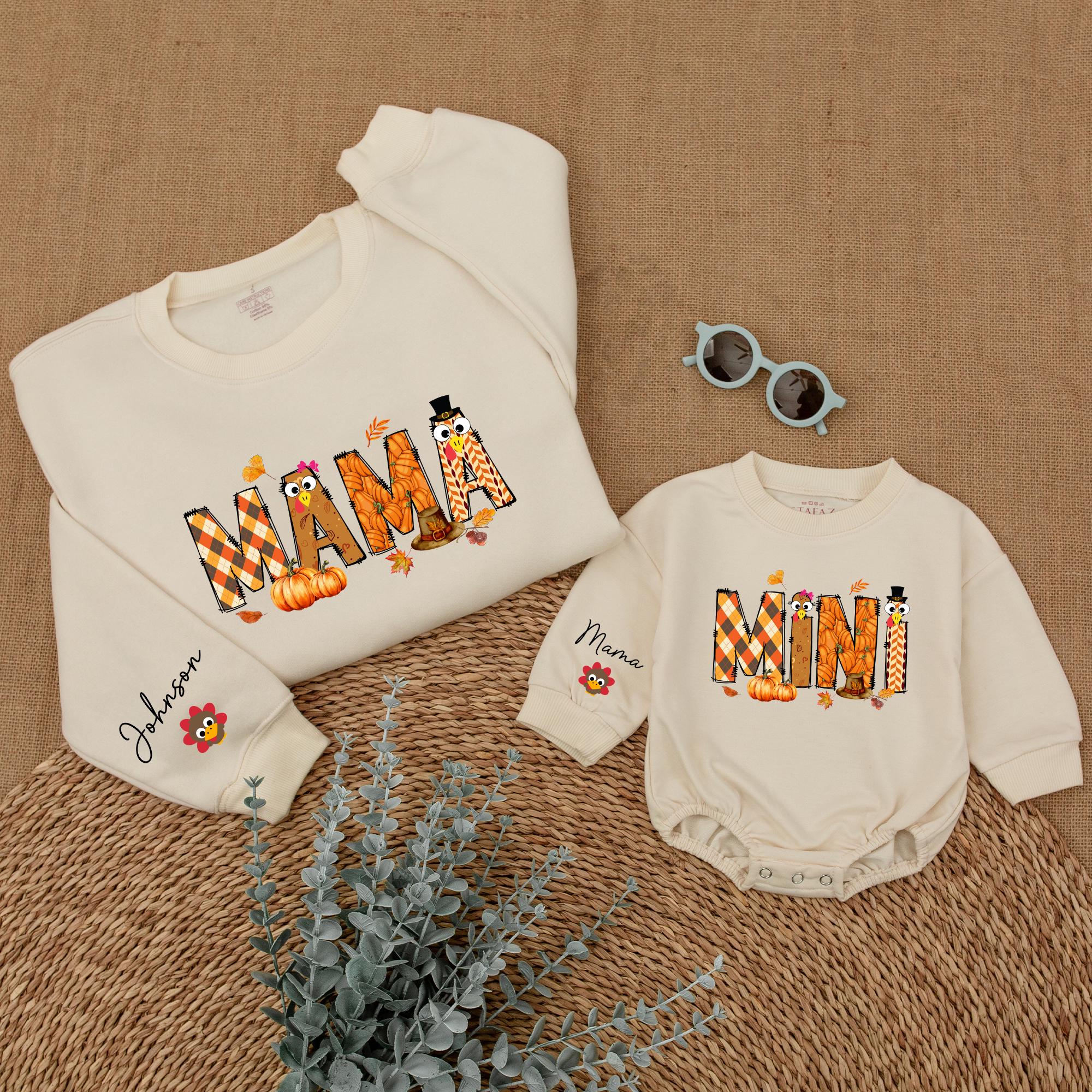 Personalized Mama Mini Thanksgiving Sweatshirt Cozy Fall Outfit with Custom Names Playful Autumn Patterns Pumpkins Family Matching Set