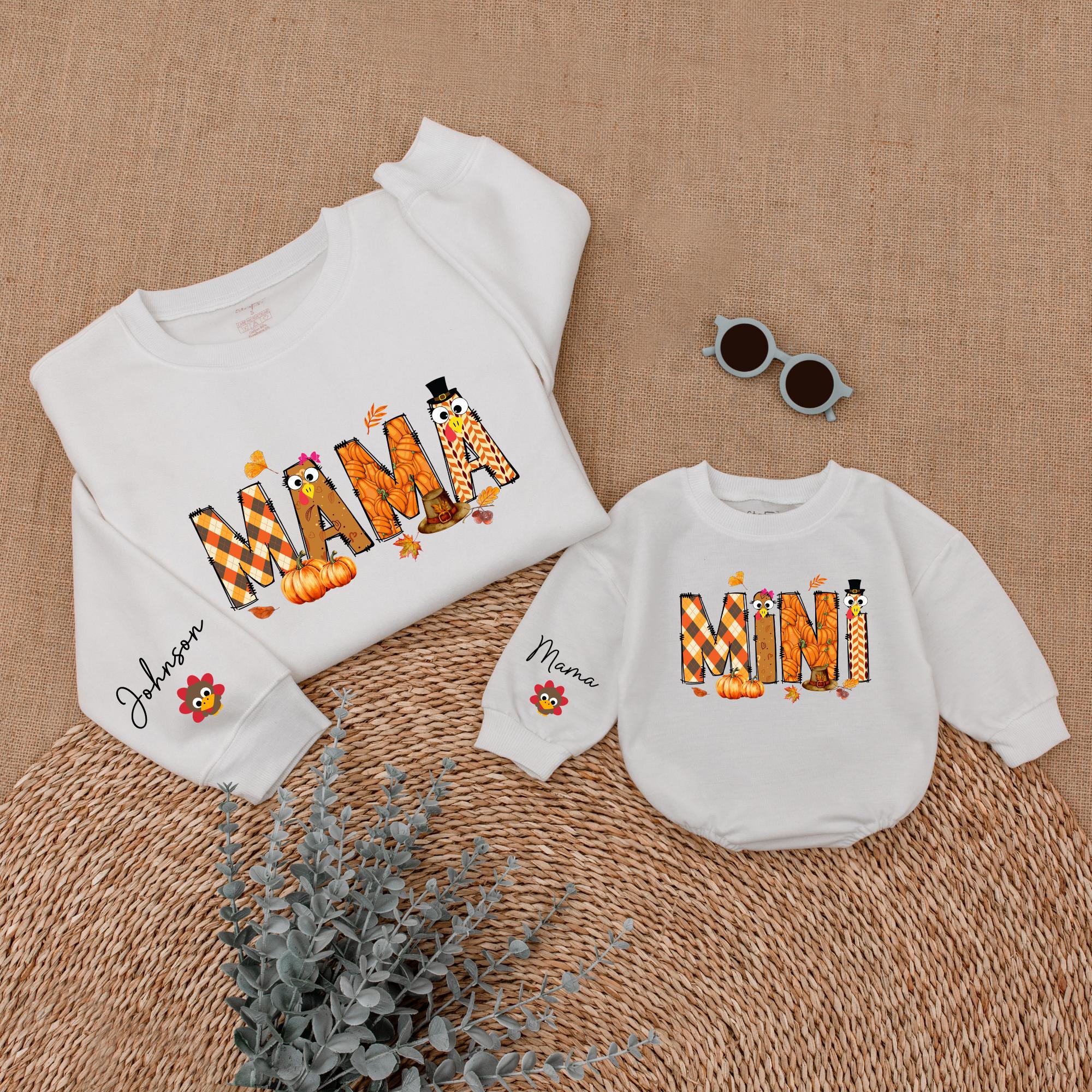 Personalized Mama Mini Thanksgiving Sweatshirt Cozy Fall Outfit with Custom Names Playful Autumn Patterns Pumpkins Family Matching Set