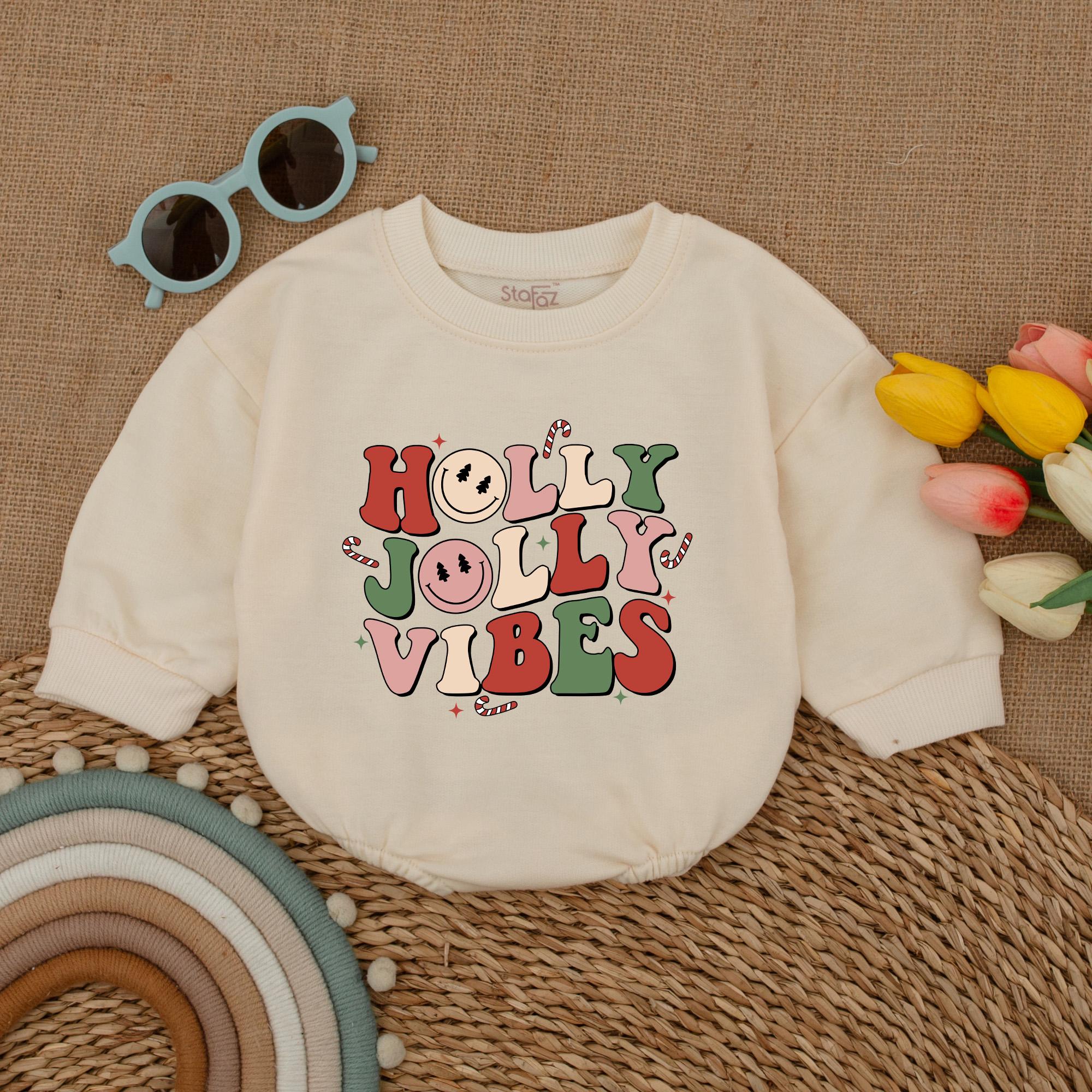 Holly Jolly Vibes Baby Romper Retro Christmas Bodysuit with Candy Cane Pattern Festive Infant Outfit Soft Cotton First Holiday Gift