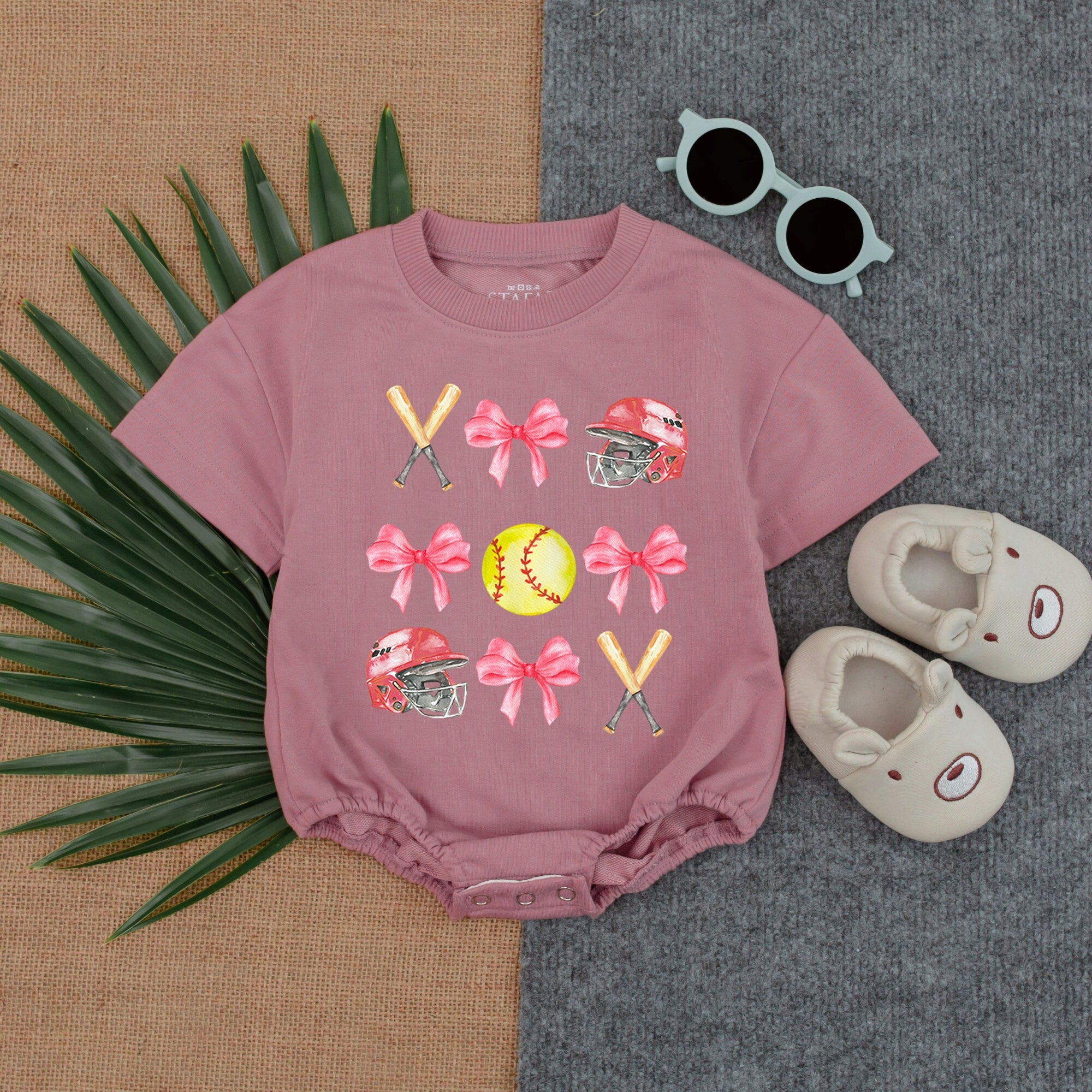 Softball Bow Romper with Pink Bows & Helmets for Game Day