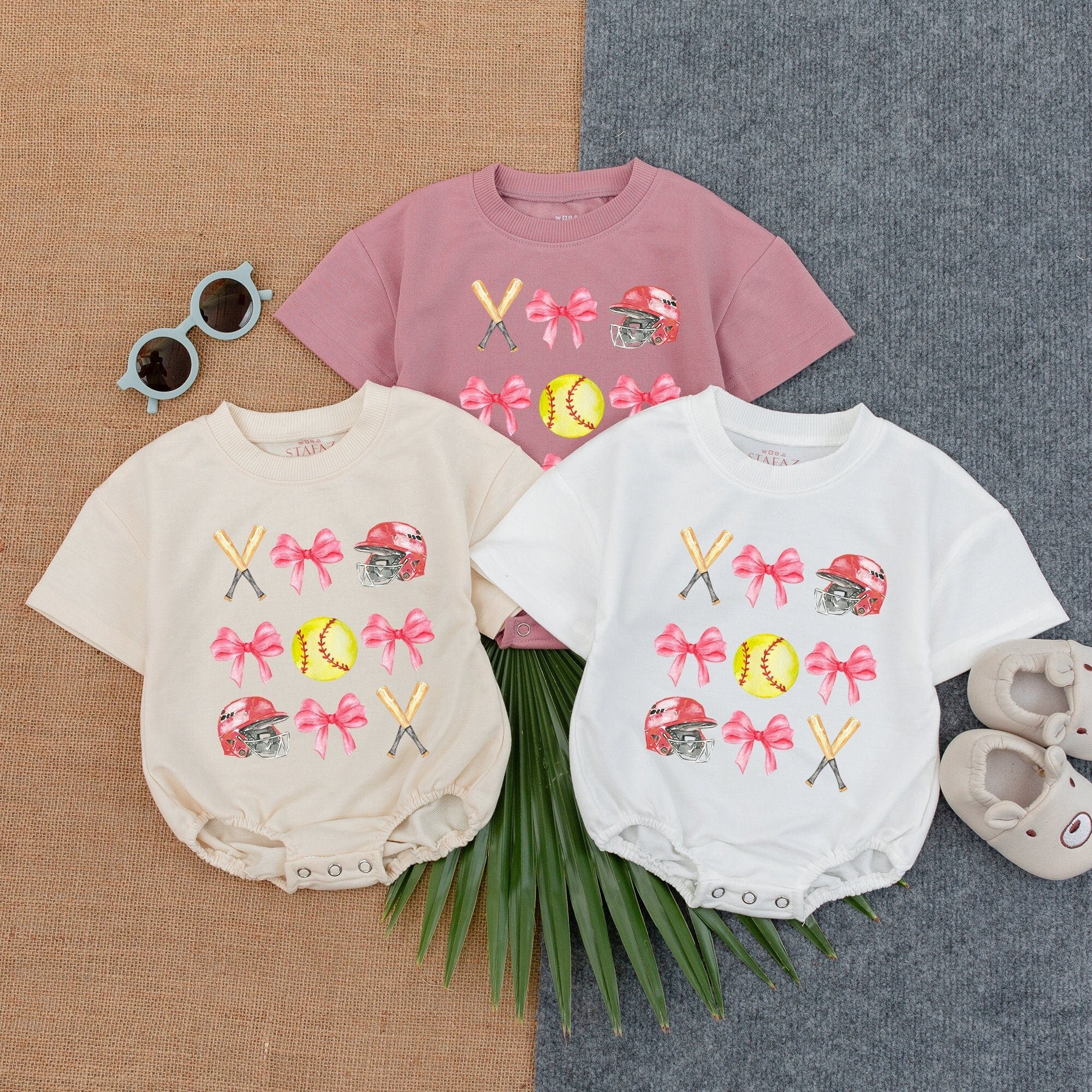 Softball Bow Romper with Pink Bows & Helmets for Game Day