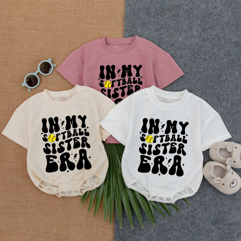 Custom Softball Sister Era Baby Romper with Name & Number, Toddler Girl Long Sleeve Outfit for Game Day, Soft Cotton Newborn Clothes