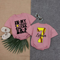 Custom Softball Sister Era Baby Romper with Name & Number, Toddler Girl Long Sleeve Outfit for Game Day, Soft Cotton Newborn Clothes