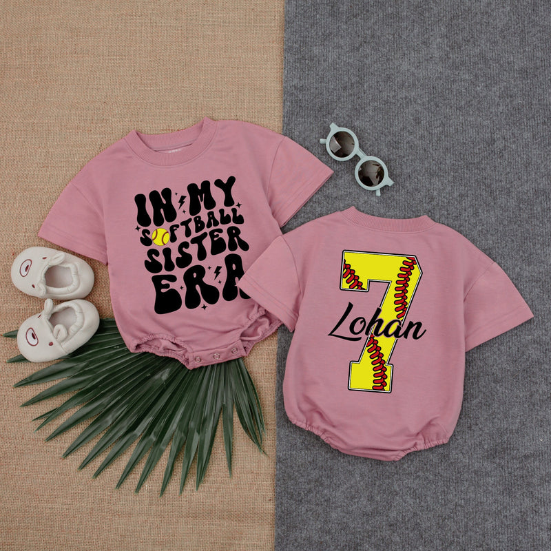 Custom Softball Sister Era Baby Romper with Name & Number, Toddler Girl Long Sleeve Outfit for Game Day, Soft Cotton Newborn Clothes