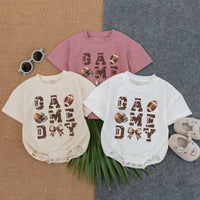Game Day Football Texture Baby Romper with Bow Playful Laces Design Short Sleeve Newborn Outfit for Gameday or Birthday Celebration