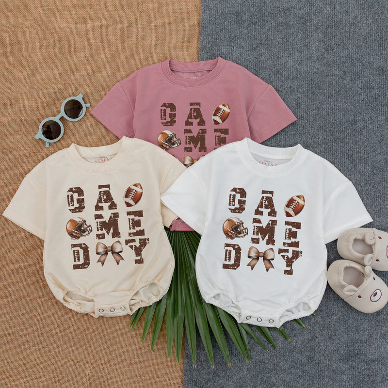 Game Day Football Texture Baby Romper with Bow Playful Laces Design Short Sleeve Newborn Outfit for Gameday or Birthday Celebration