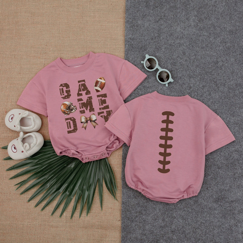 Game Day Football Texture Baby Romper with Bow Playful Laces Design Short Sleeve Newborn Outfit for Gameday or Birthday Celebration