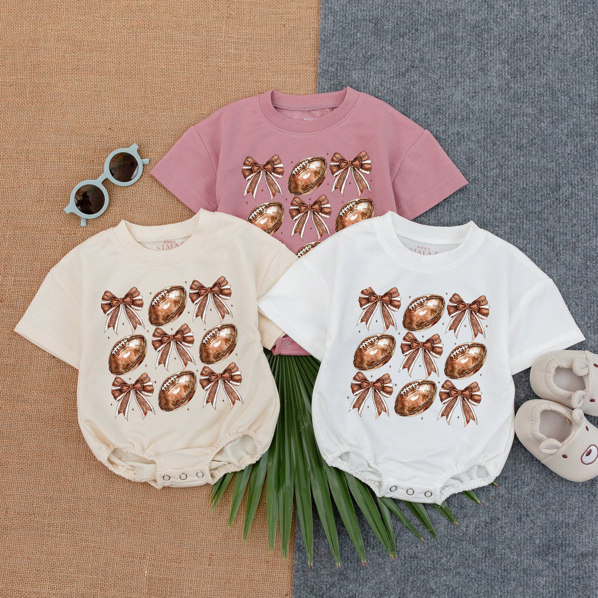 Football Bow Bubble Romper Baby Gameday Outfit Newborn Birthday Clothes Soft Cotton Playful Sports Design Short Sleeve