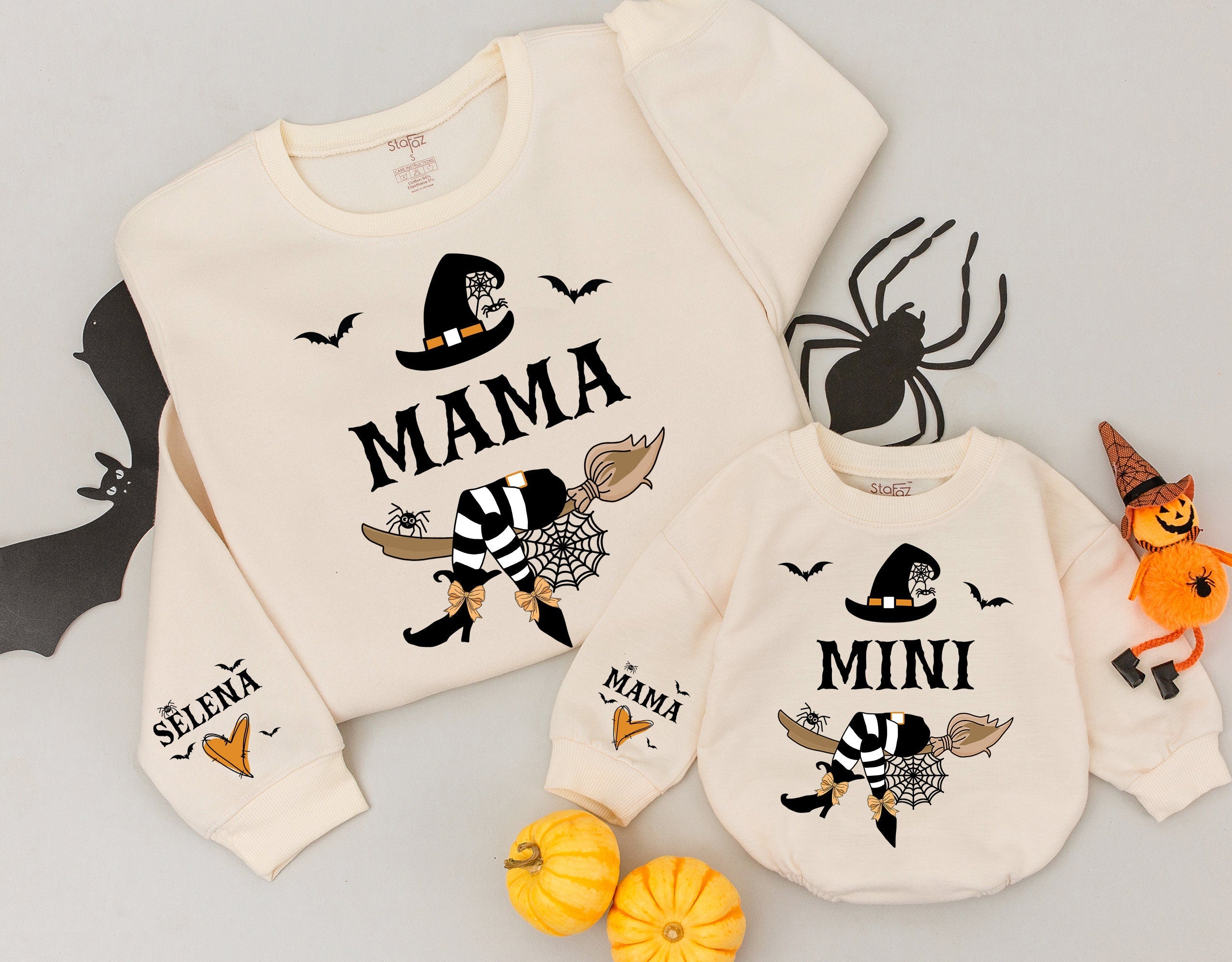 Custom Mama Mini Halloween Sweatshirts Witchy Design Baby Gift Matching Family Outfits Personalized Names for Halloween Celebration