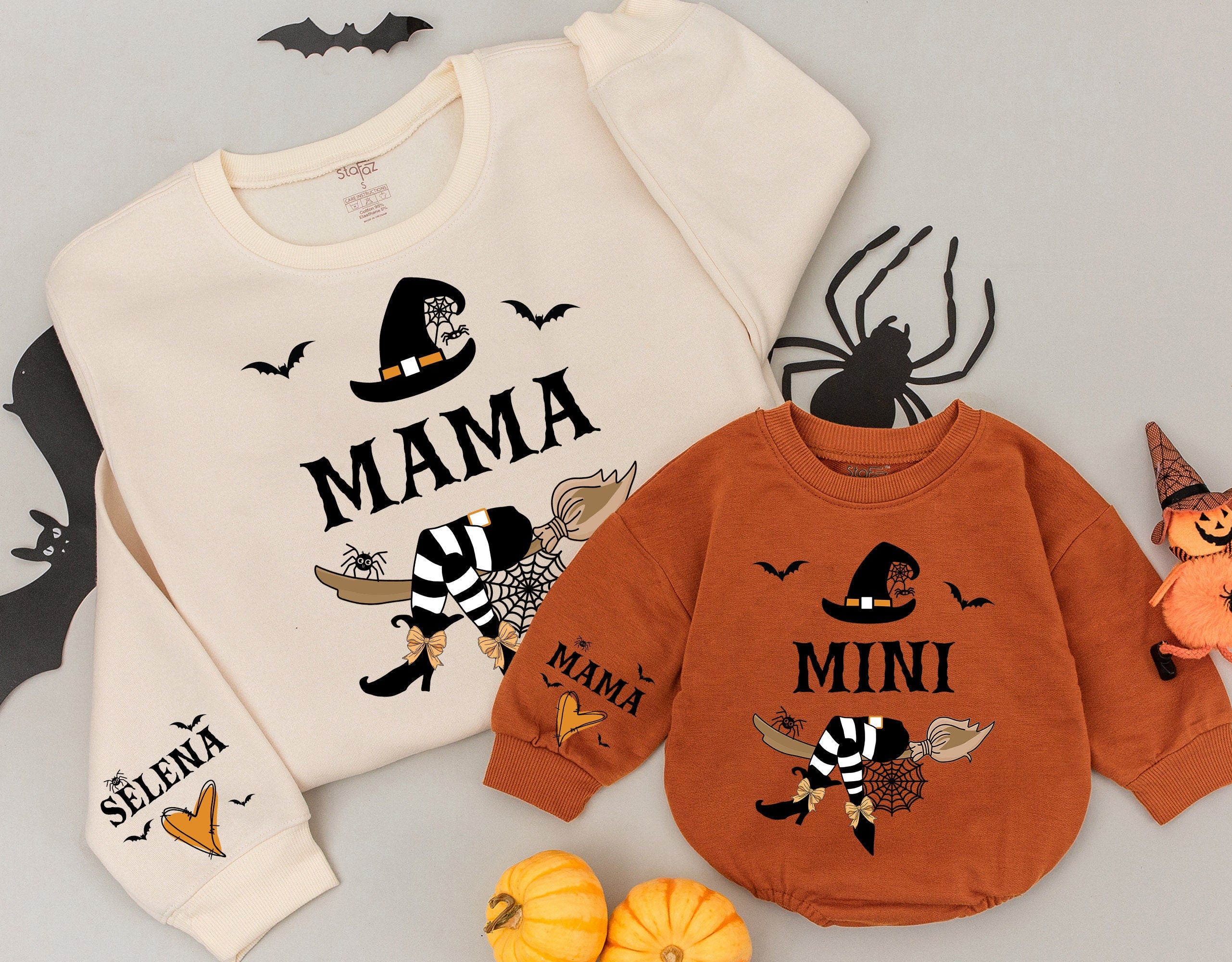 Custom Mama Mini Halloween Sweatshirts Witchy Design Baby Gift Matching Family Outfits Personalized Names for Halloween Celebration