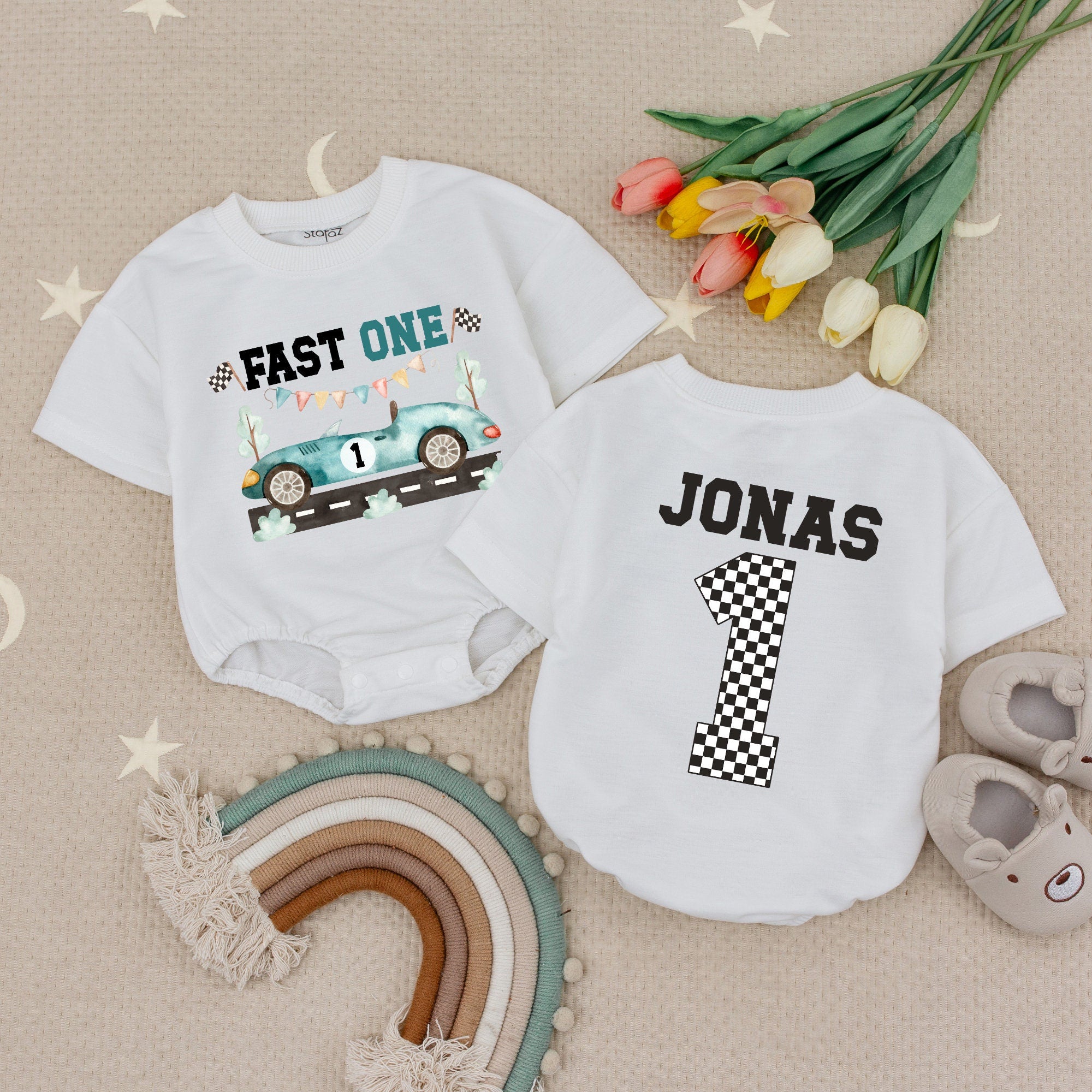 Fast One Birthday Baby Romper with Vintage Car Design Personalized Toddler Outfit Celebratory Racing Theme Cotton Comfortable Gift Boy