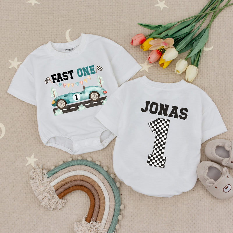 Fast One Birthday Baby Romper with Vintage Car Design Personalized Toddler Outfit Celebratory Racing Theme Cotton Comfortable Gift Boy