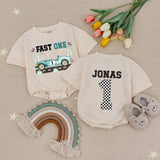 Fast One Birthday Baby Romper with Vintage Car Design Personalized Toddler Outfit Celebratory Racing Theme Cotton Comfortable Gift Boy