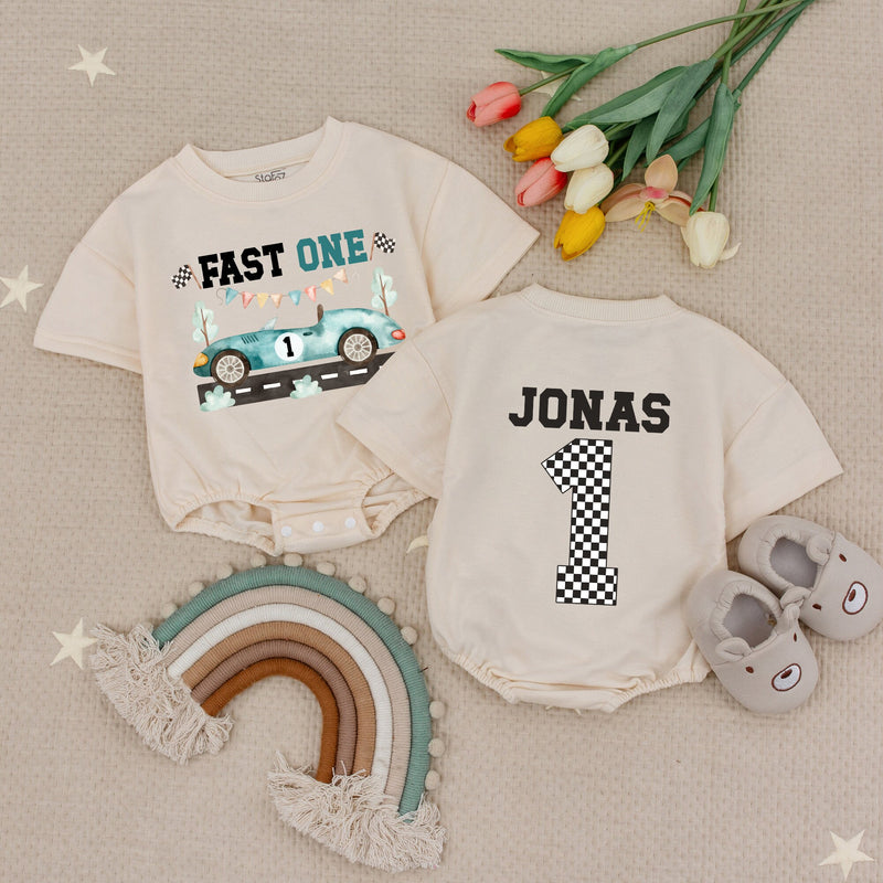 Fast One Birthday Baby Romper with Vintage Car Design Personalized Toddler Outfit Celebratory Racing Theme Cotton Comfortable Gift Boy