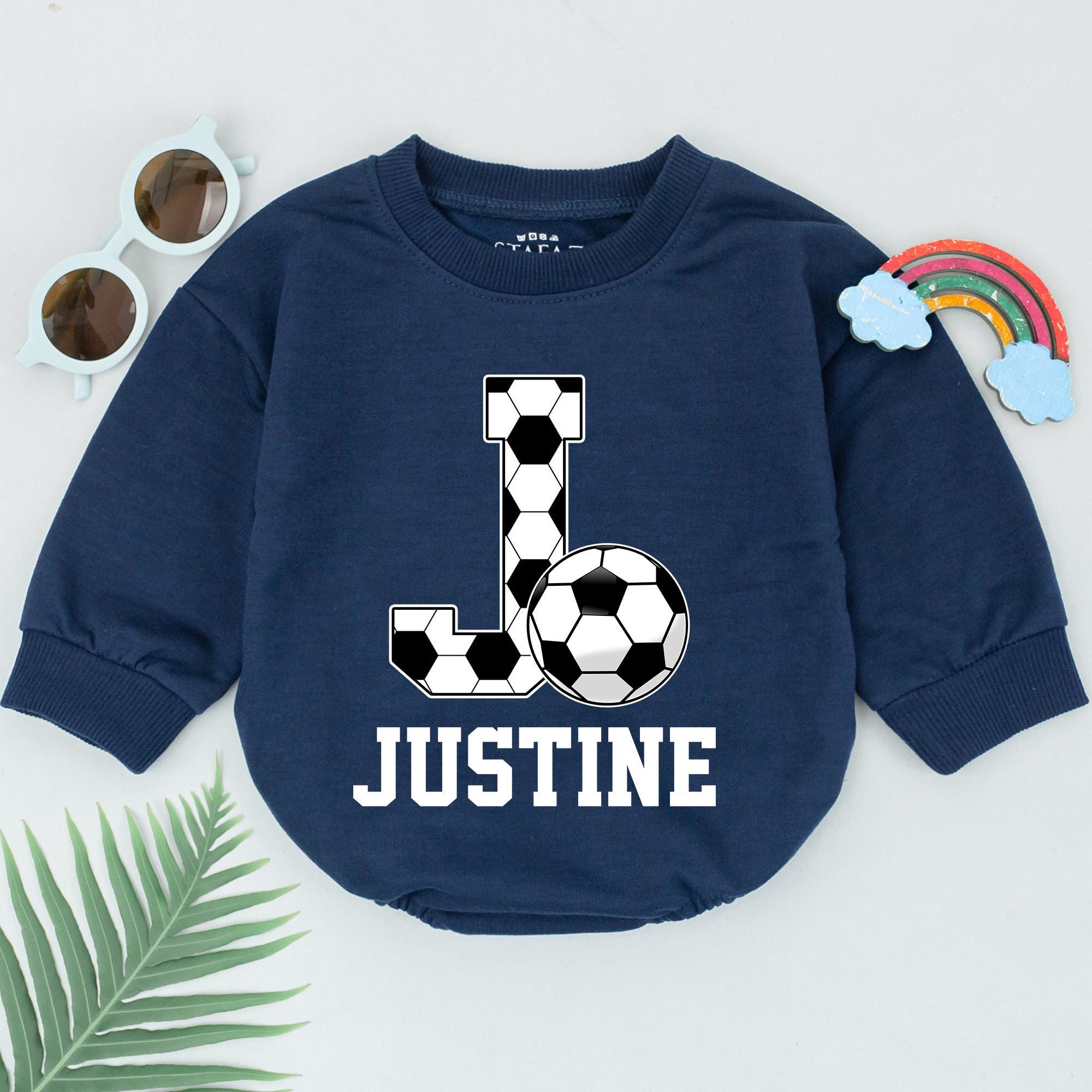 Personalized Soccer Baby Romper with J Name Graphic Sporty Father's Day Infant Outfit Comfortable Cotton For Game Day Fun