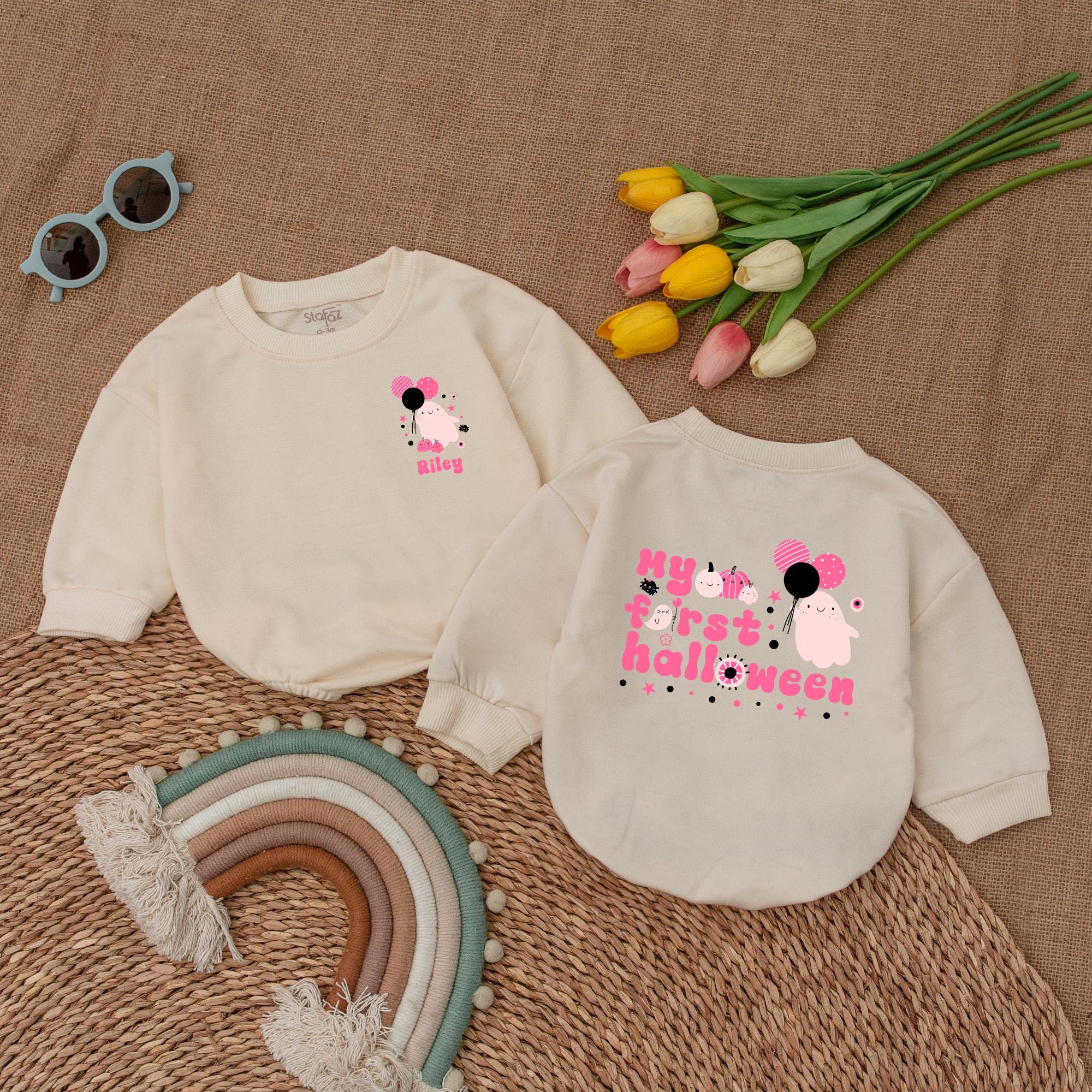 Personalized My First Halloween Baby Romper with Cute Ghost Pink Bow Infant Girls Costume Soft Cotton Outfit Festive Shower Gift