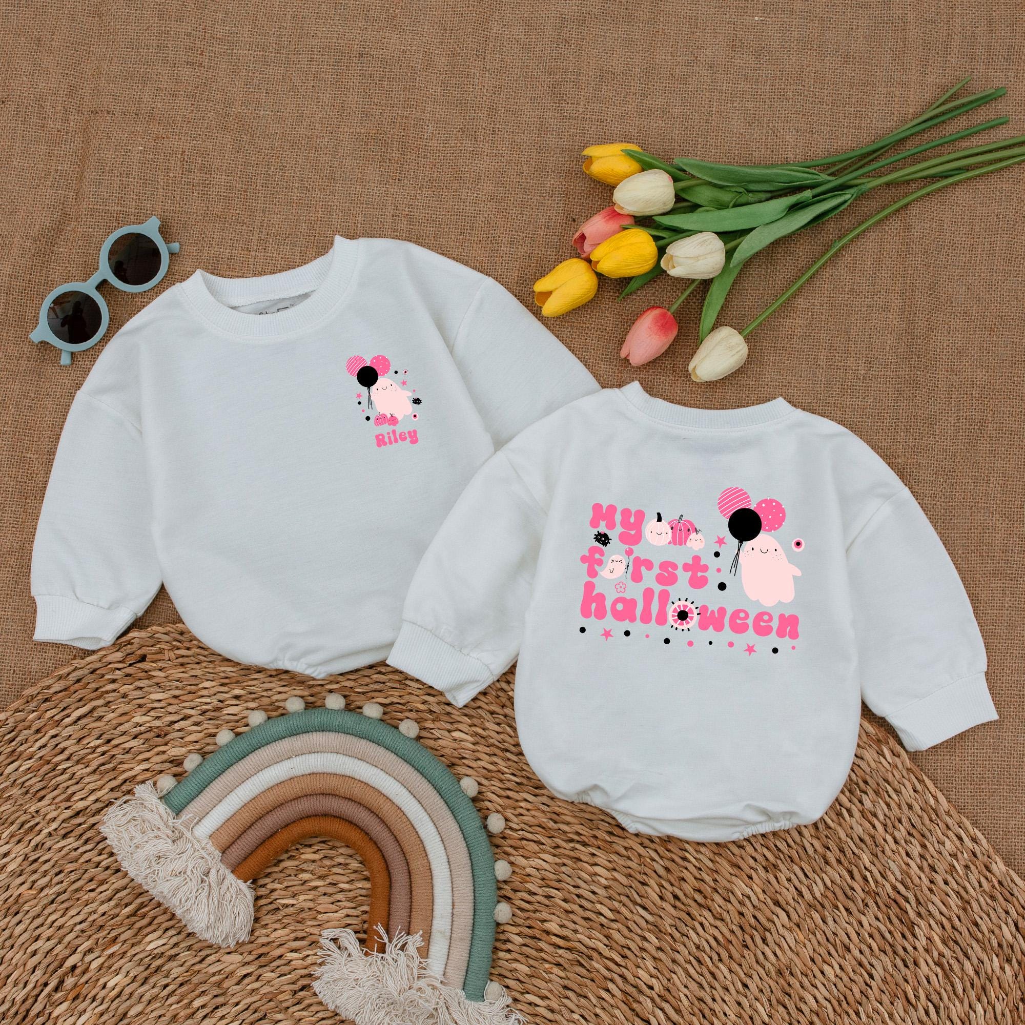 Personalized My First Halloween Baby Romper with Cute Ghost Pink Bow Infant Girls Costume Soft Cotton Outfit Festive Shower Gift