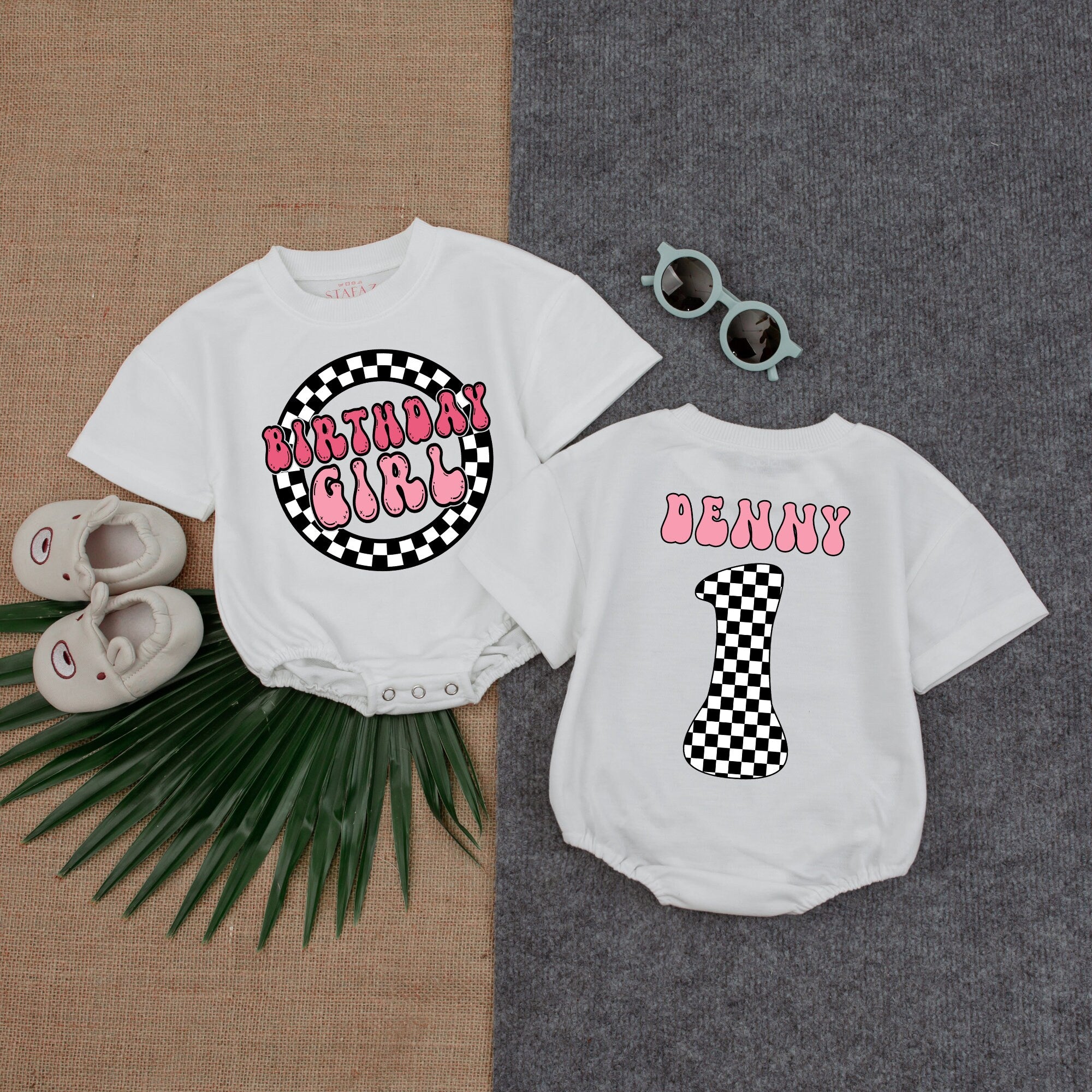 Personalized Birthday Girl Romper with Pink Black Checkered Design First Birthday Outfit for Baby Toddler Soft Cotton Celebration Wear