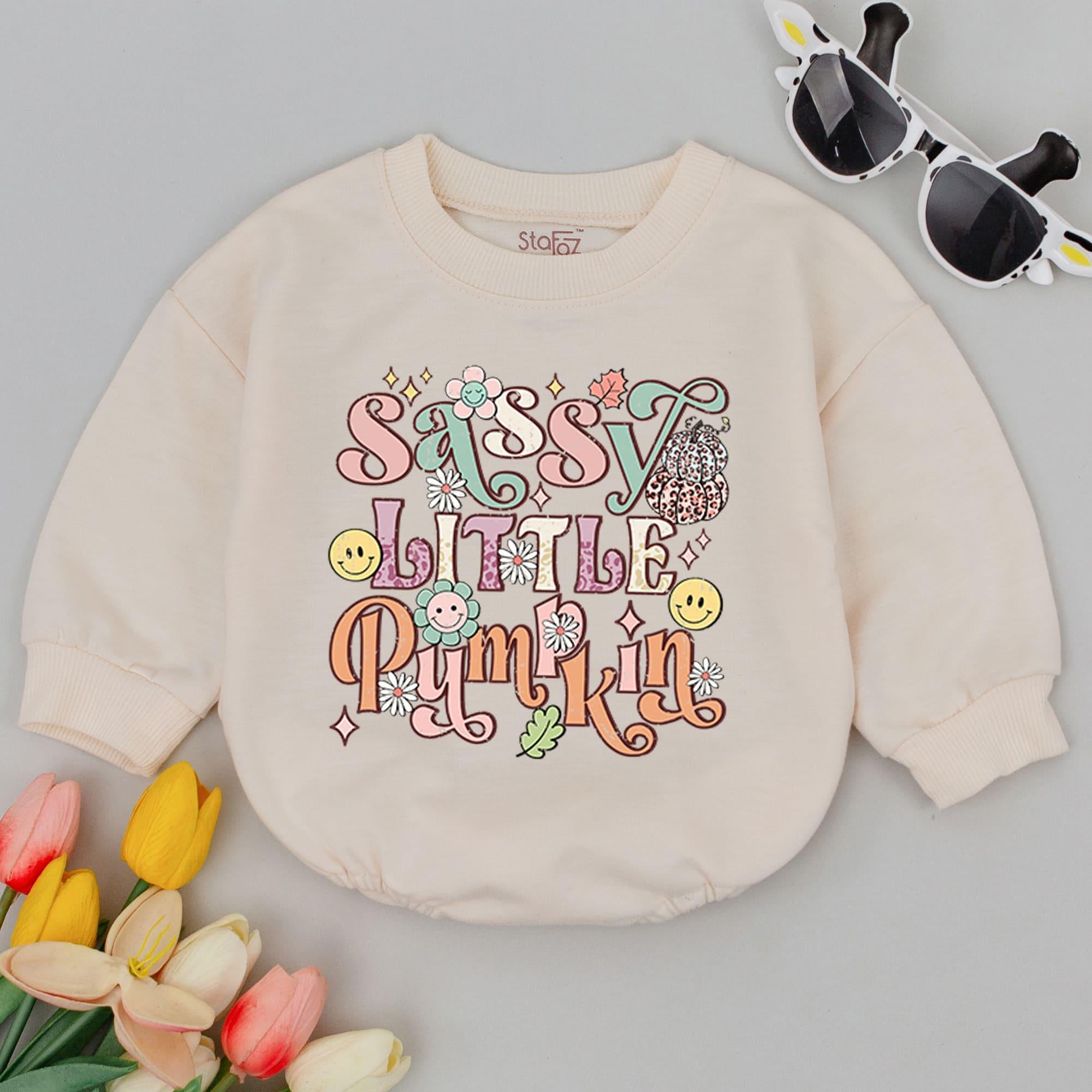 Sassy Little Pumpkin Baby Romper Halloween Outfit Colorful Floral Design Soft Cotton Newborn Bodysuit Fall Festive Pastel Gift